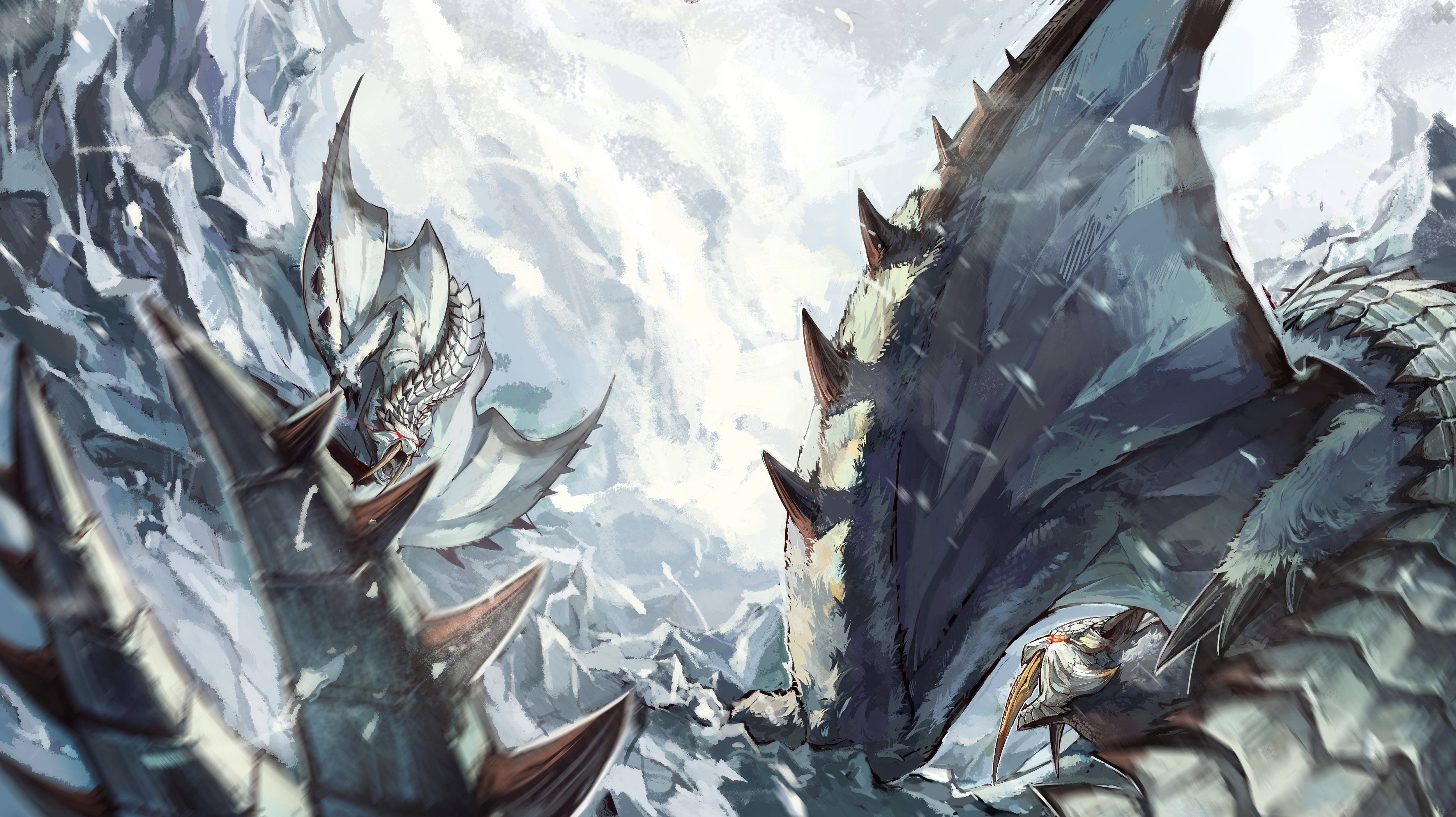 Monster Hunter 桌布 壁紙 — 兩條巨大的冰龍在白雪皚皚的山地景觀中碰撞，有鋸齒狀的山峰和旋轉的雪花。