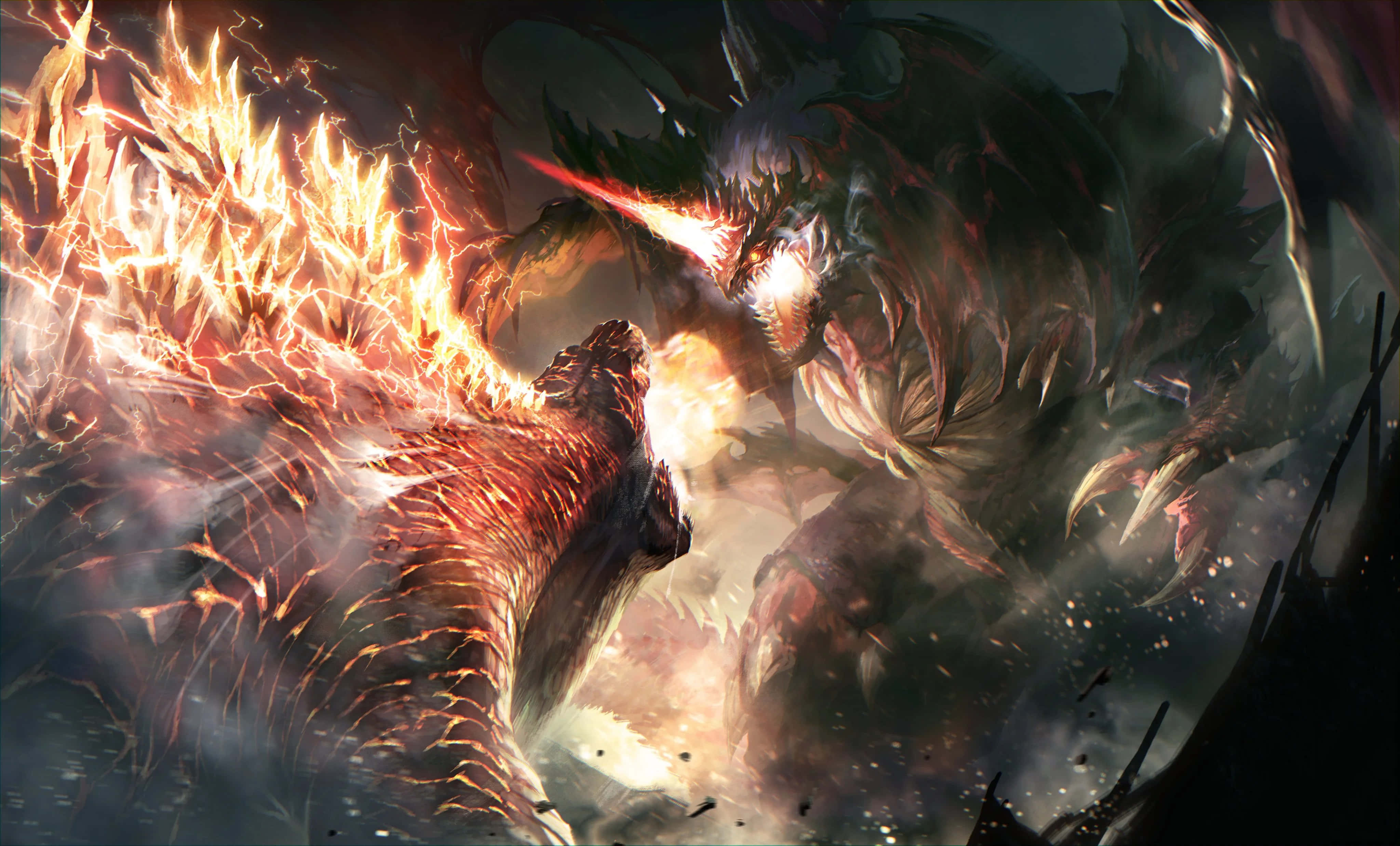 Godzilla Vs Destoroyah 桌布 壁紙 — 兩條巨大的龍在熾熱的戰鬥中碰撞，閃爍的鱗片和爆炸性能量從它們的碰撞中散發出來。