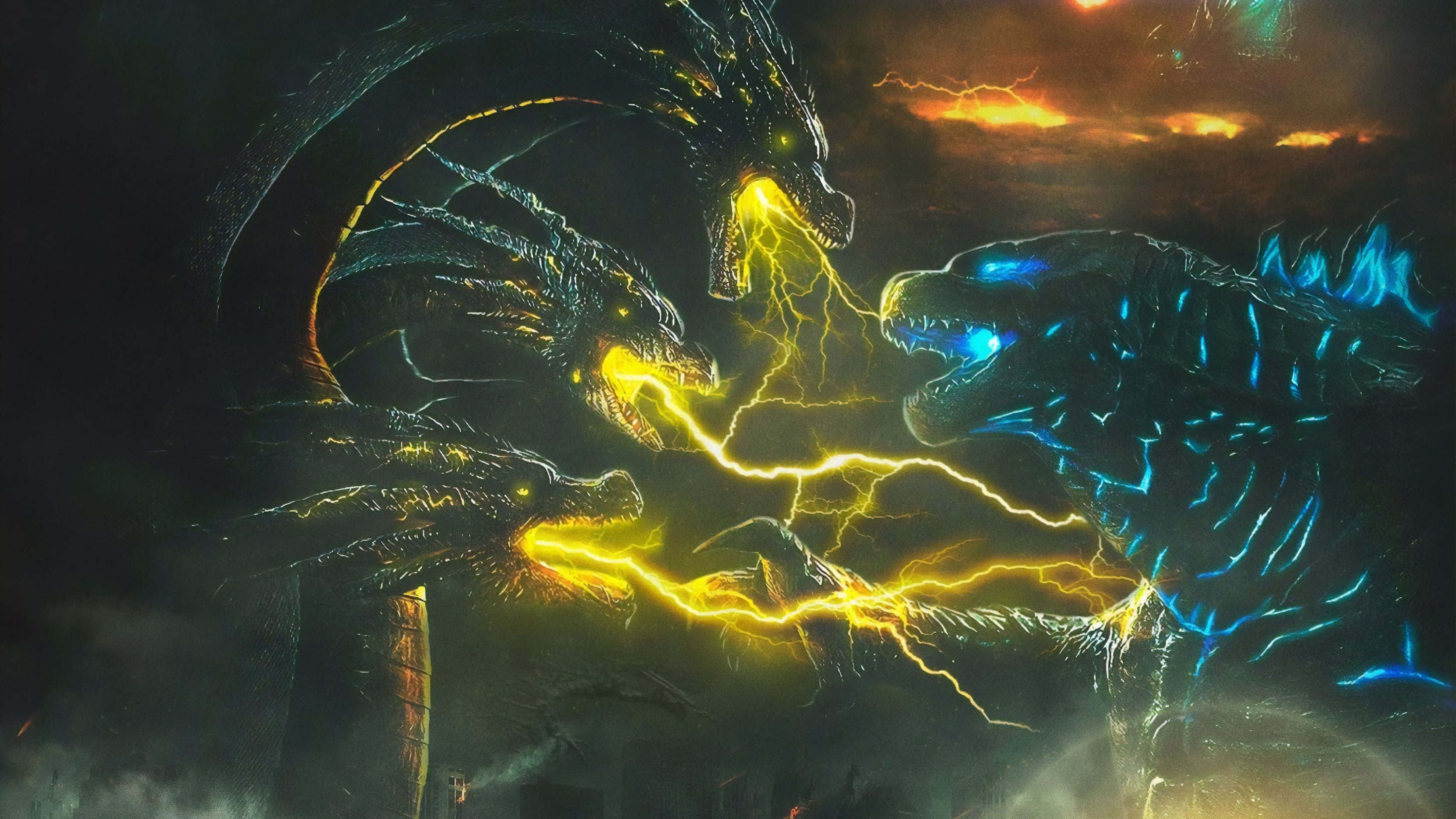 King Ghidorah 桌布 壁紙 — 兩條巨龍在暴風雨中碰撞，從口中釋放電能。