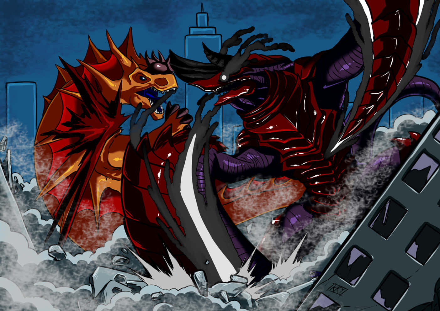 Kaiju 桌布 壁紙 — 兩條巨龍在暴風雨夜空下，於破碎的摩天大樓之間激烈交鋒。