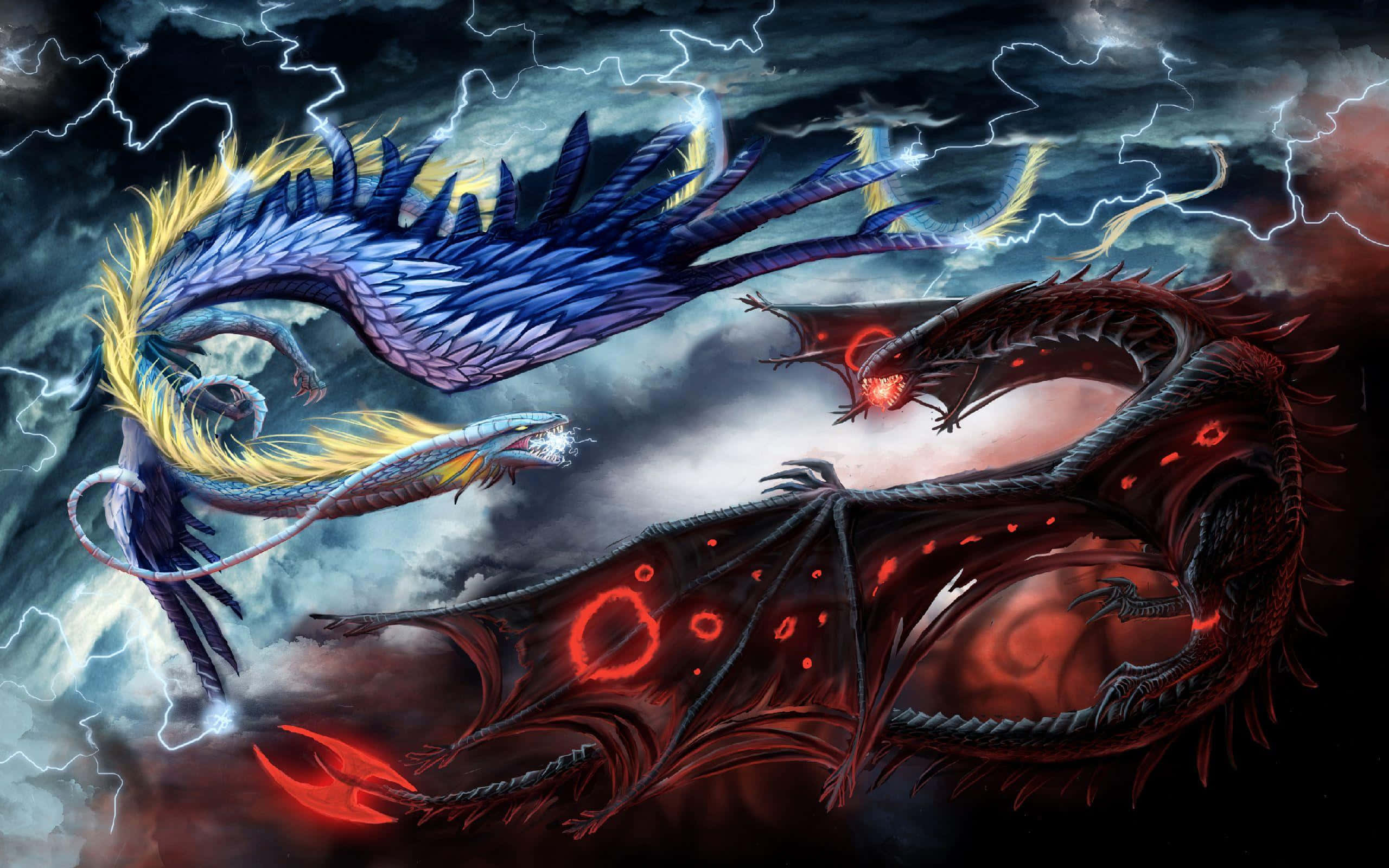3d Fantasy 桌布 壁紙 — 兩條巨龍在暴風雨的天空中交戰，一條藍色帶金色鬃毛，另一條深紅色眼睛發光。