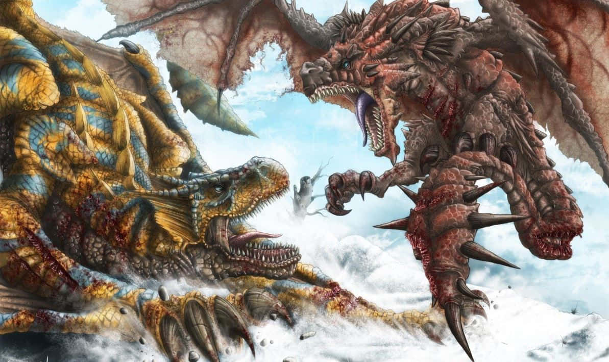 Monster Hunter Monsters 桌布 壁紙 — 兩條巨龍在白雪皚皚的山地戰場上激烈衝突，中間有一個小小的獵人。