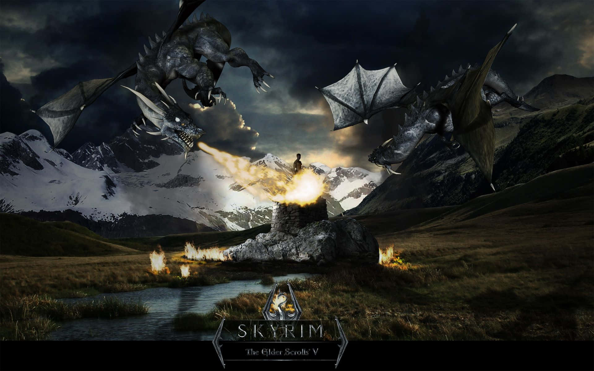 Skyrim 桌布 壁紙 — 兩條巨龍在白雪覆蓋的山谷上空翱翔，一名孤獨的戰士站在石塔頂端，發射出一道明亮的火焰。