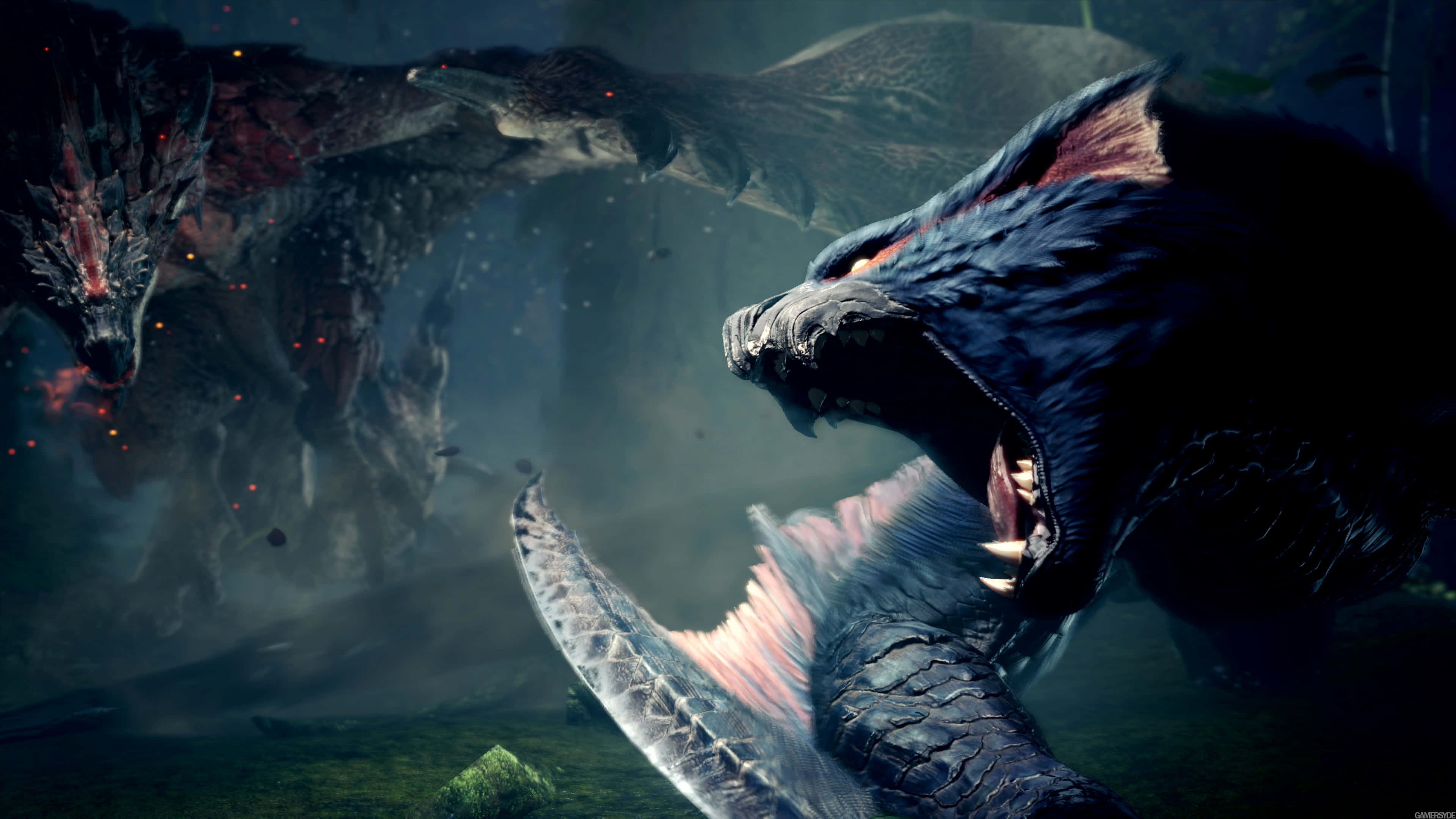 Monster Hunter 3 桌布 壁紙 — 兩條巨龍在迷霧森林的空地上咆哮，眼睛發光，牙齒鋒利。