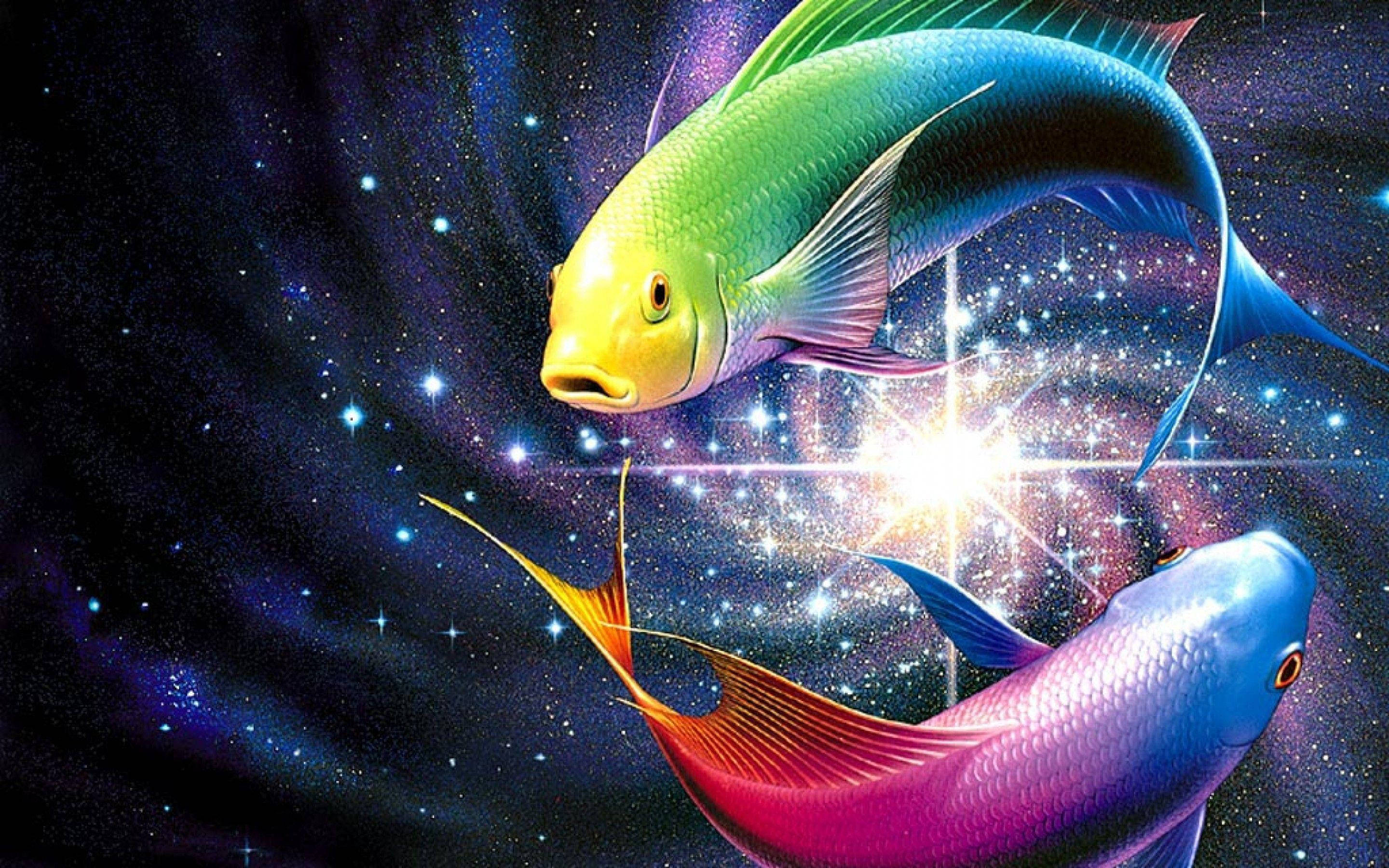 雙魚座 桌布 壁紙 — 兩條彩虹色的魚優雅地游過充滿閃爍星星和光芒四射的宇宙星雲。