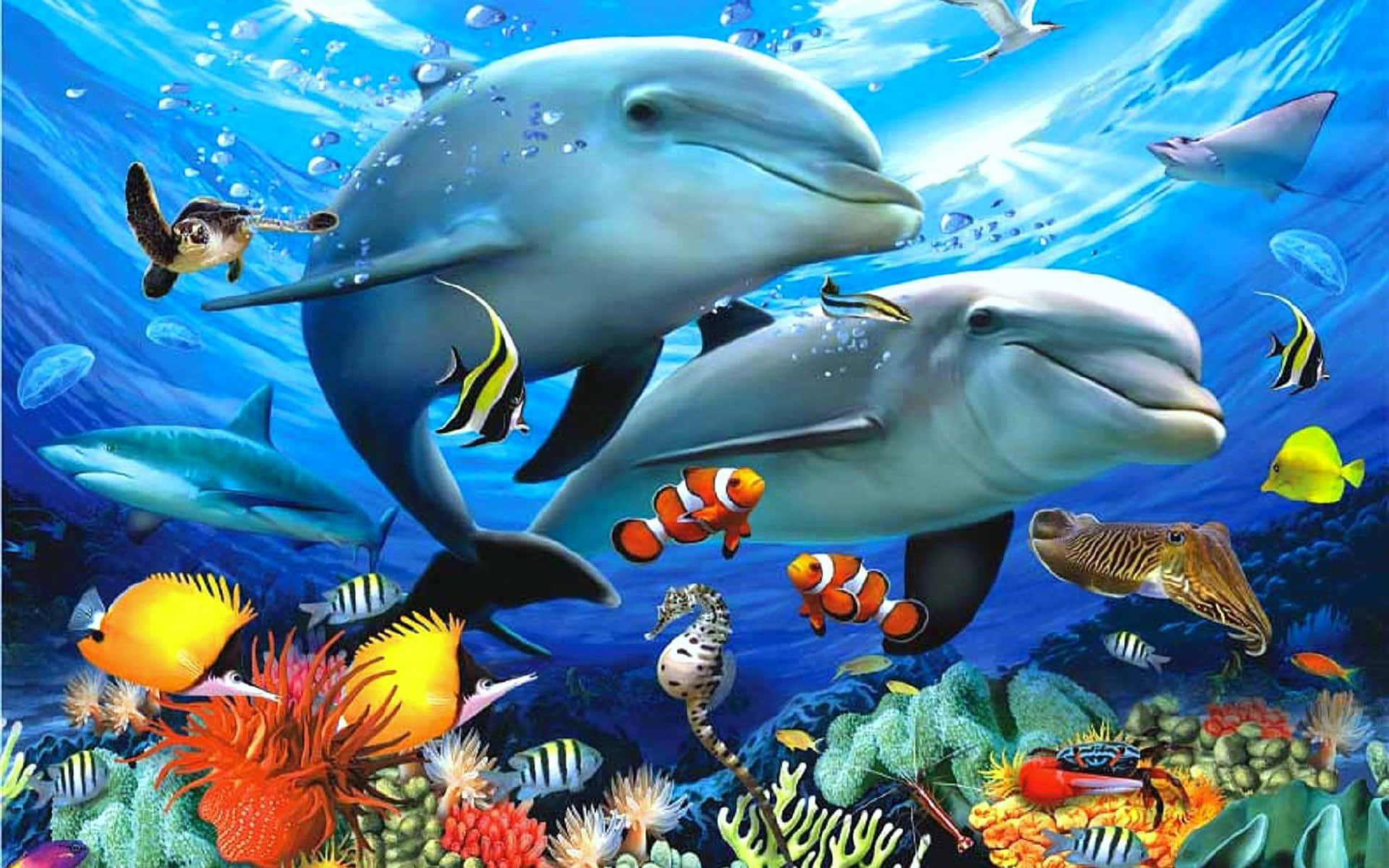 Underwater Ocean 桌布 壁紙 — 兩條微笑的海豚在陽光普照的藍色海水中，滑過充滿小丑魚、海馬和熱帶魚的 vibrant 珊瑚礁。