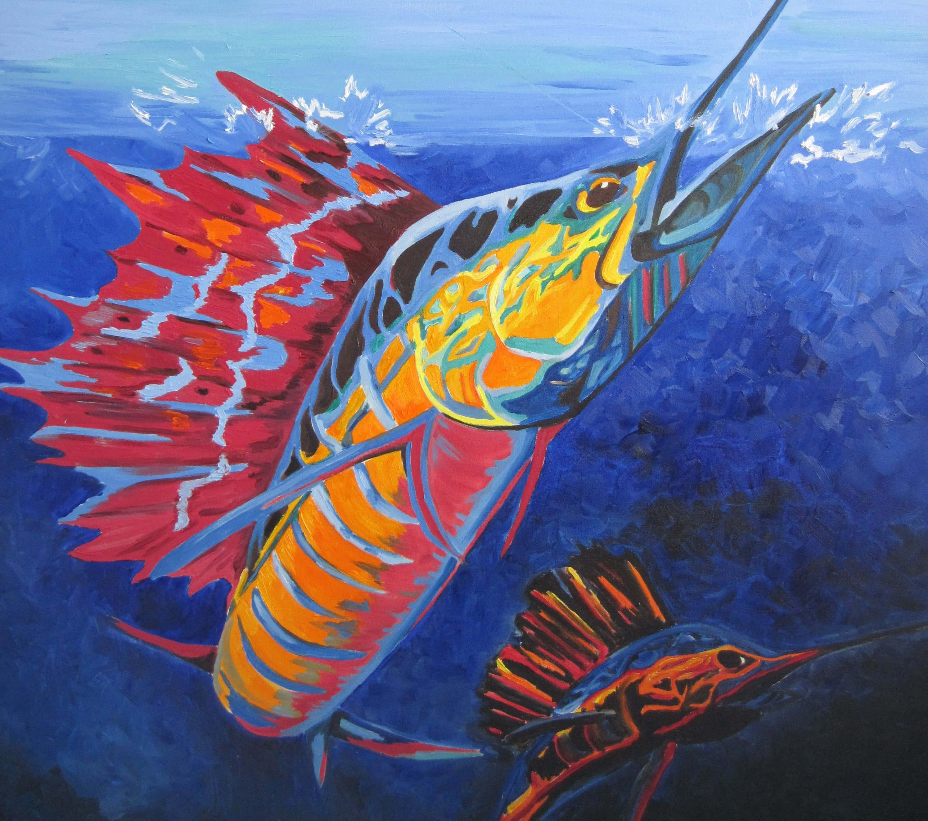 Sailfish 桌布 壁紙 — 兩條旗魚從深藍色海洋中躍出的鮮豔油畫，帶有火紅色的帆和金色的身體。