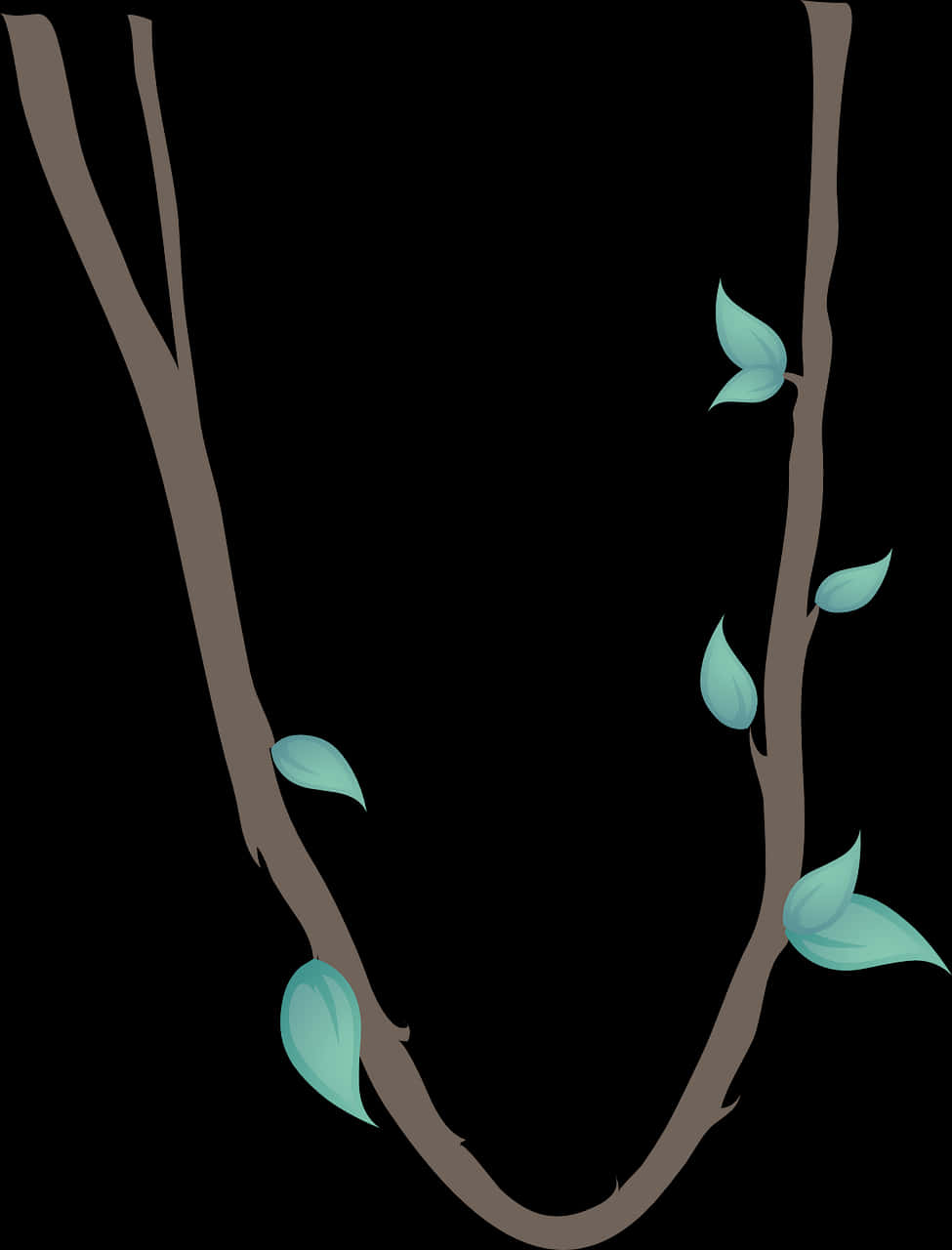 Vines 桌布 壁紙 — 兩條棕色樹枝帶有淺藍色葉子，在純黑色背景上形成V形。