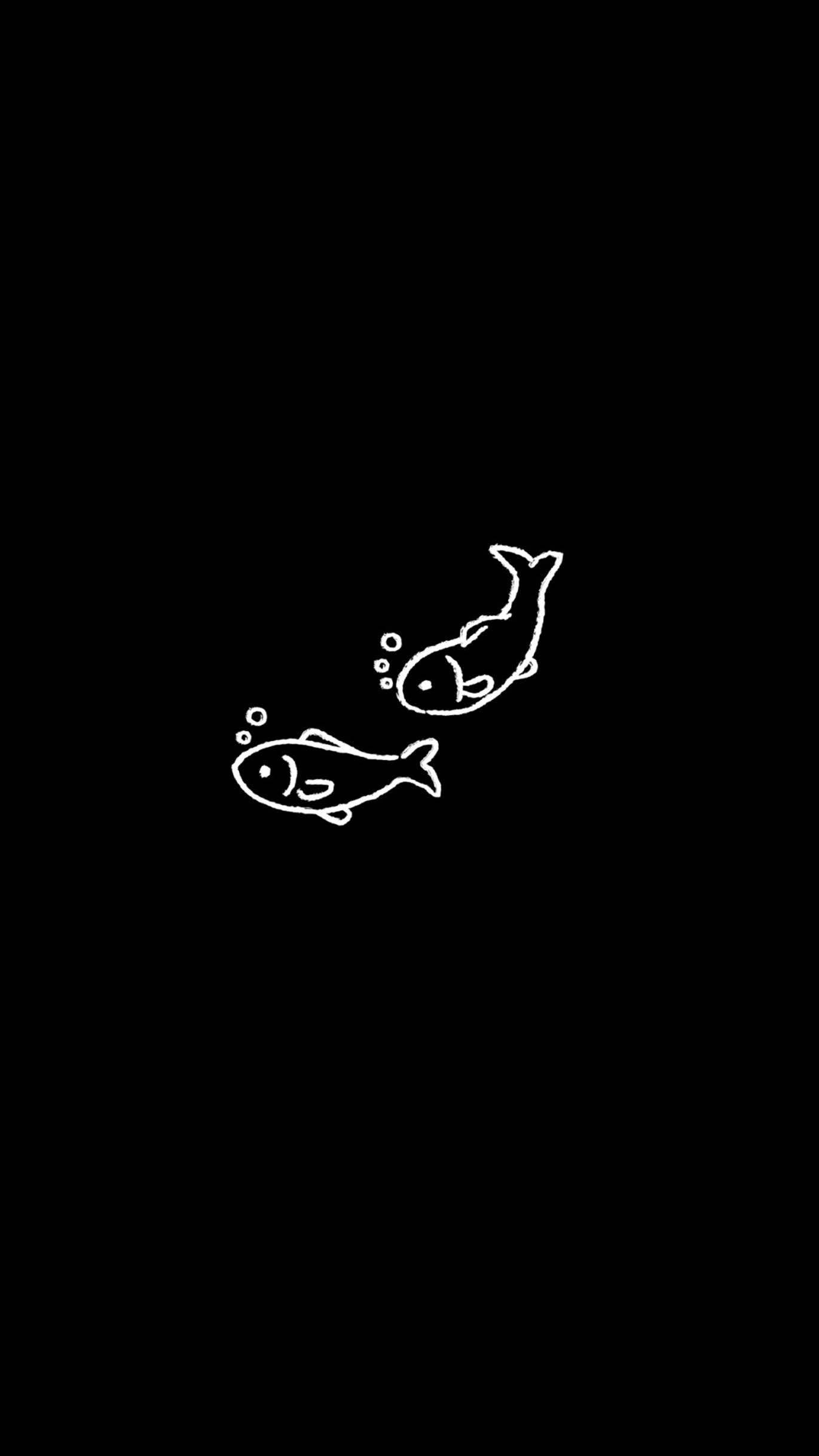 可愛黑色動圖 桌布 壁紙 — 兩條極簡風格的白色線條魚在純黑背景上向上游動，留下細小氣泡。