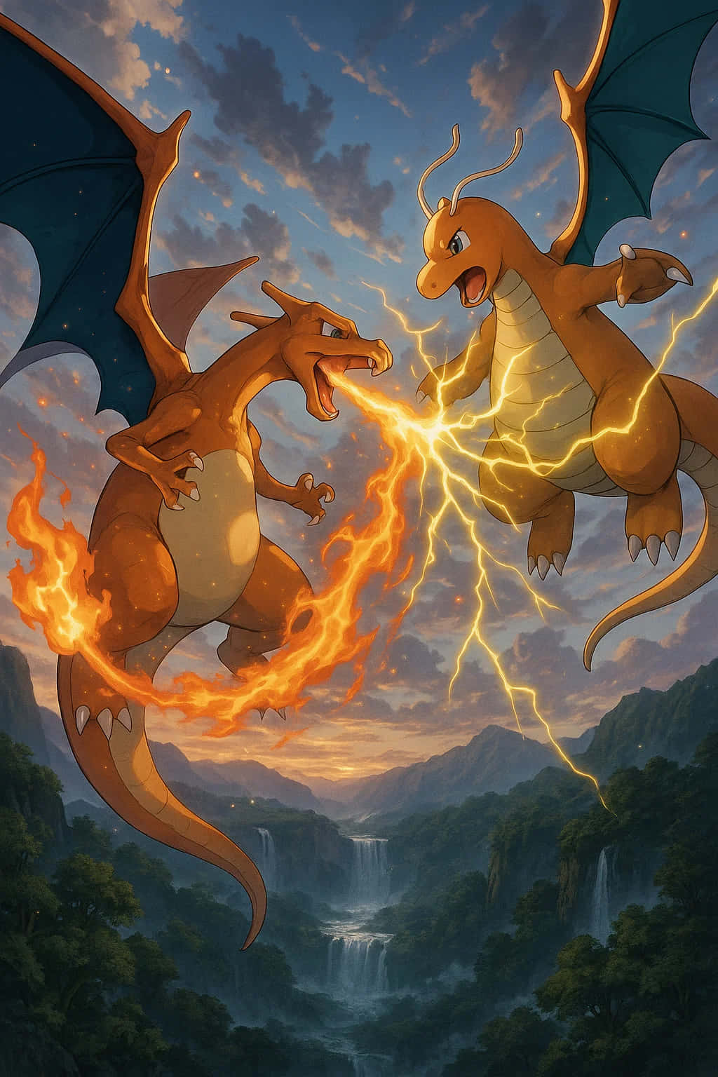 Charizard Pokemon HD Wallpaper WEBP 4K Background Download 壁紙 — 兩條橙色龍在半空中碰撞，一條噴火，另一條在日落時分在山谷上空閃電。