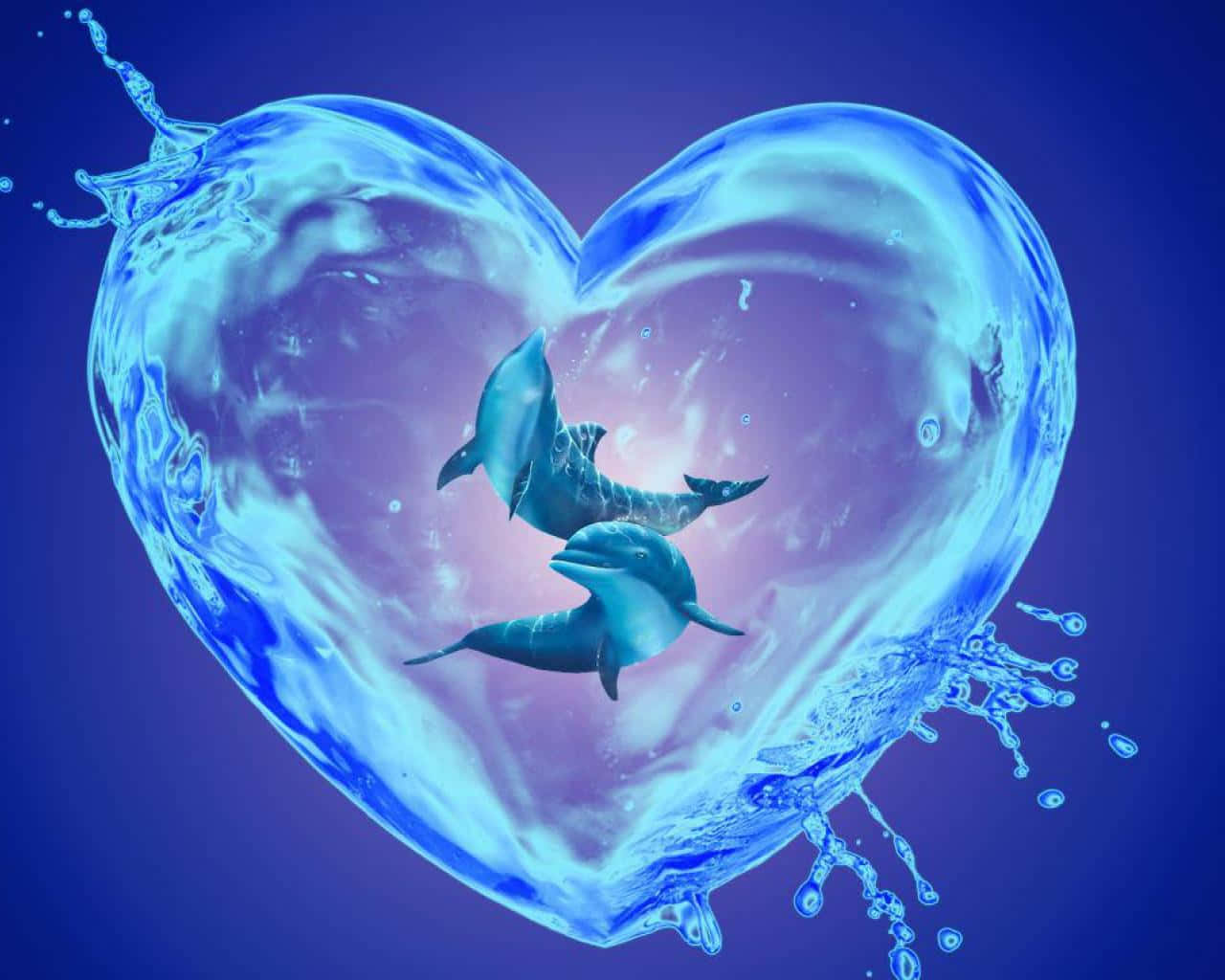 dolphins 桌布 壁紙 — 兩條海豚在深紫色背景下，優雅地游動在一個發光的藍色心形水泡內。