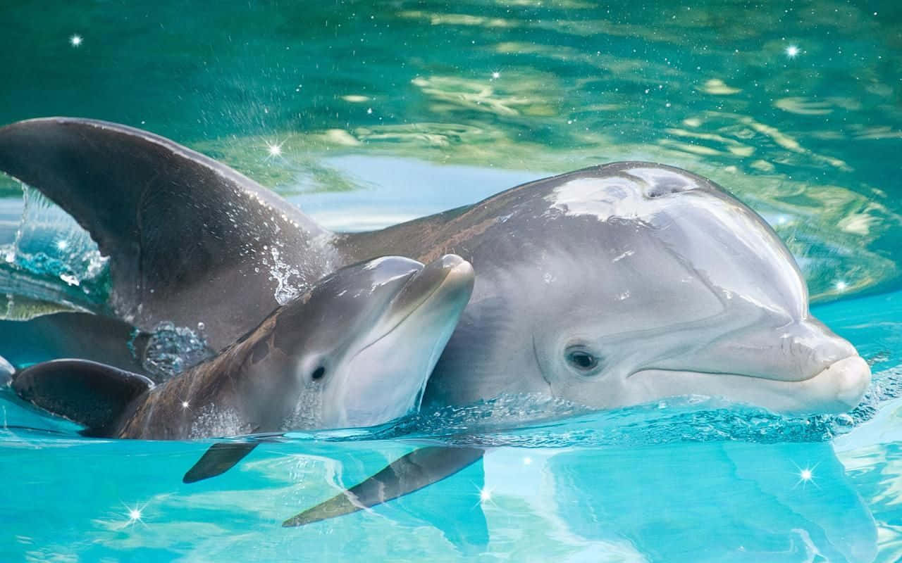 dolphins 桌布 壁紙 — 兩條海豚在閃閃發光的碧綠海洋水面優雅地游動，伴隨著輕柔的漣漪和陽光閃爍。