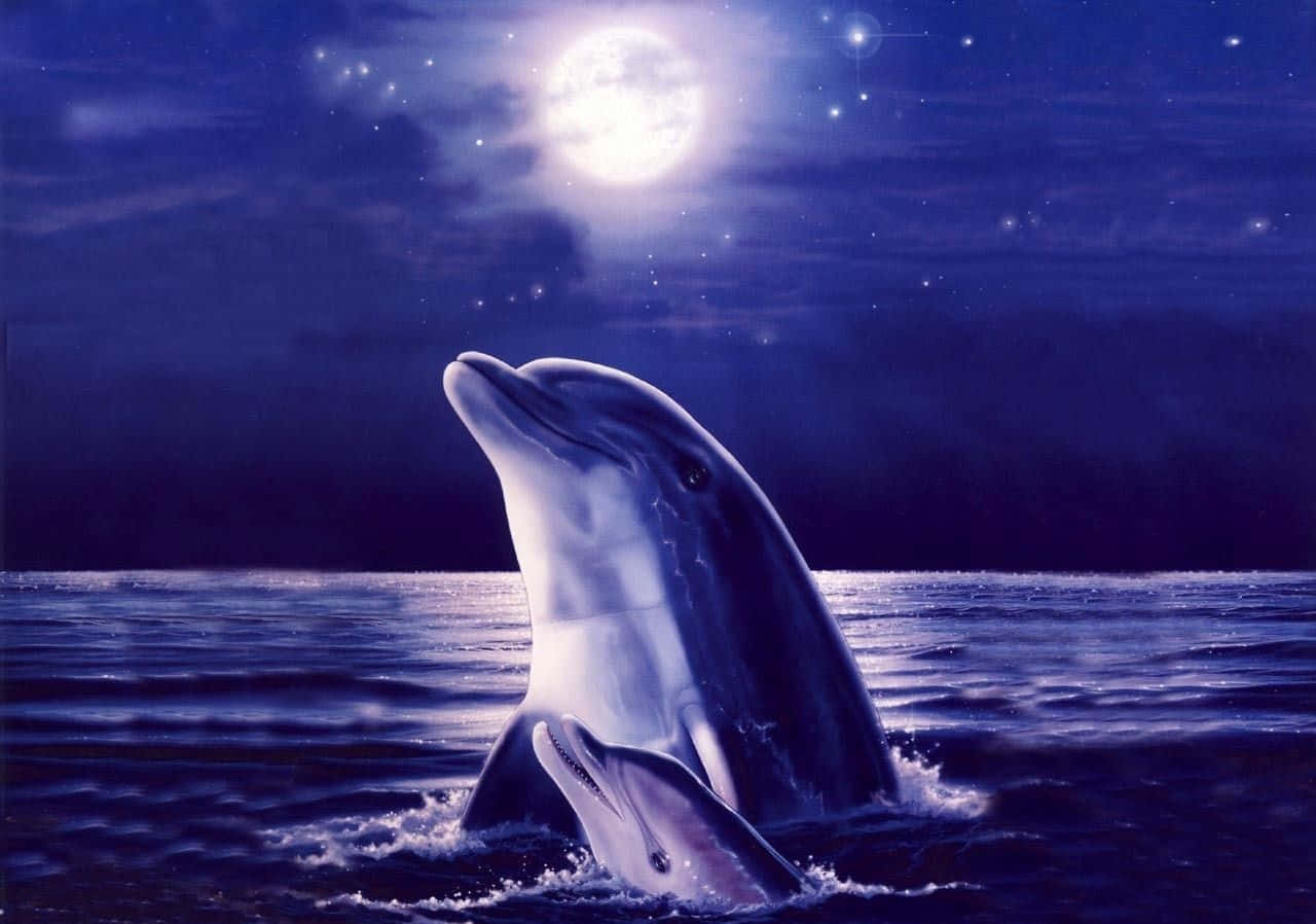 dolphins 桌布 壁紙 — 兩條海豚從深藍色的海洋中躍起，下方是明亮的滿月和閃爍的星星。