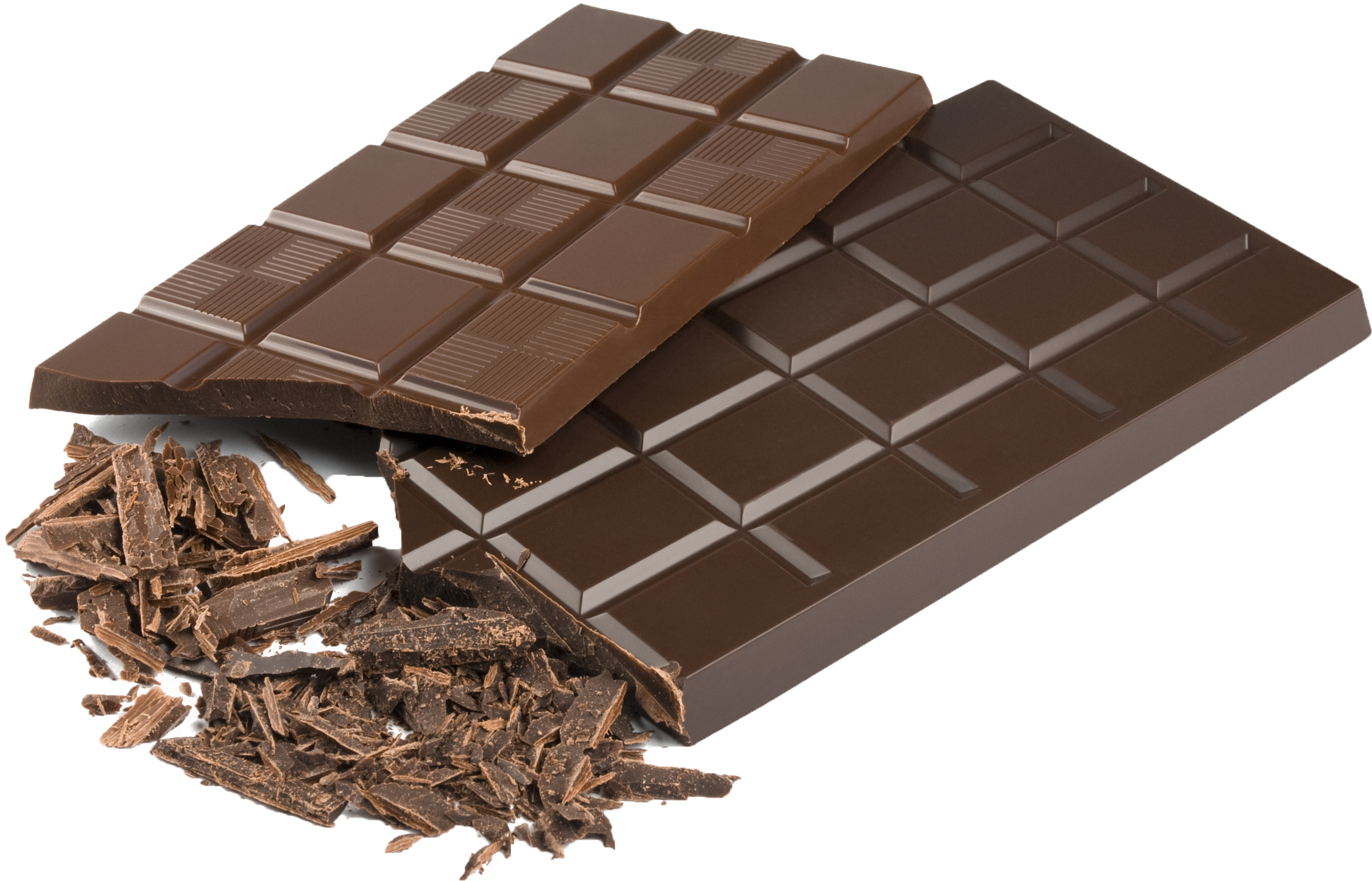 Chocolate 桌布 壁紙 — 兩條濃郁的黑巧克力棒，其中一條破開，碎屑灑落在 stark 黑色背景上。