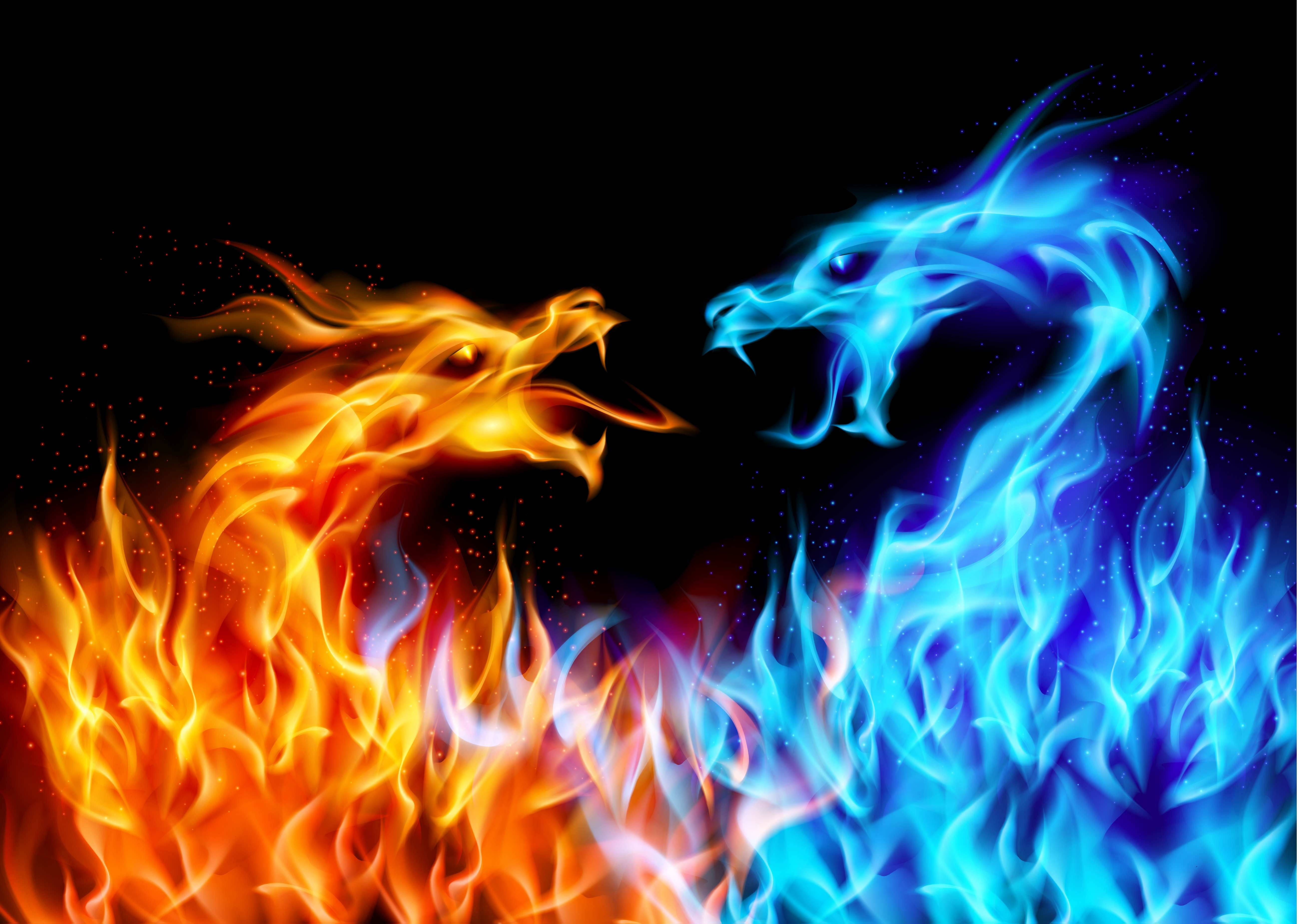 火焰動畫 桌布 壁紙 — 兩條火焰巨龍——一條橙紅色，一條電光藍——在佈滿星辰的黑色虛空中展開一場戲劇性的宇宙對決。