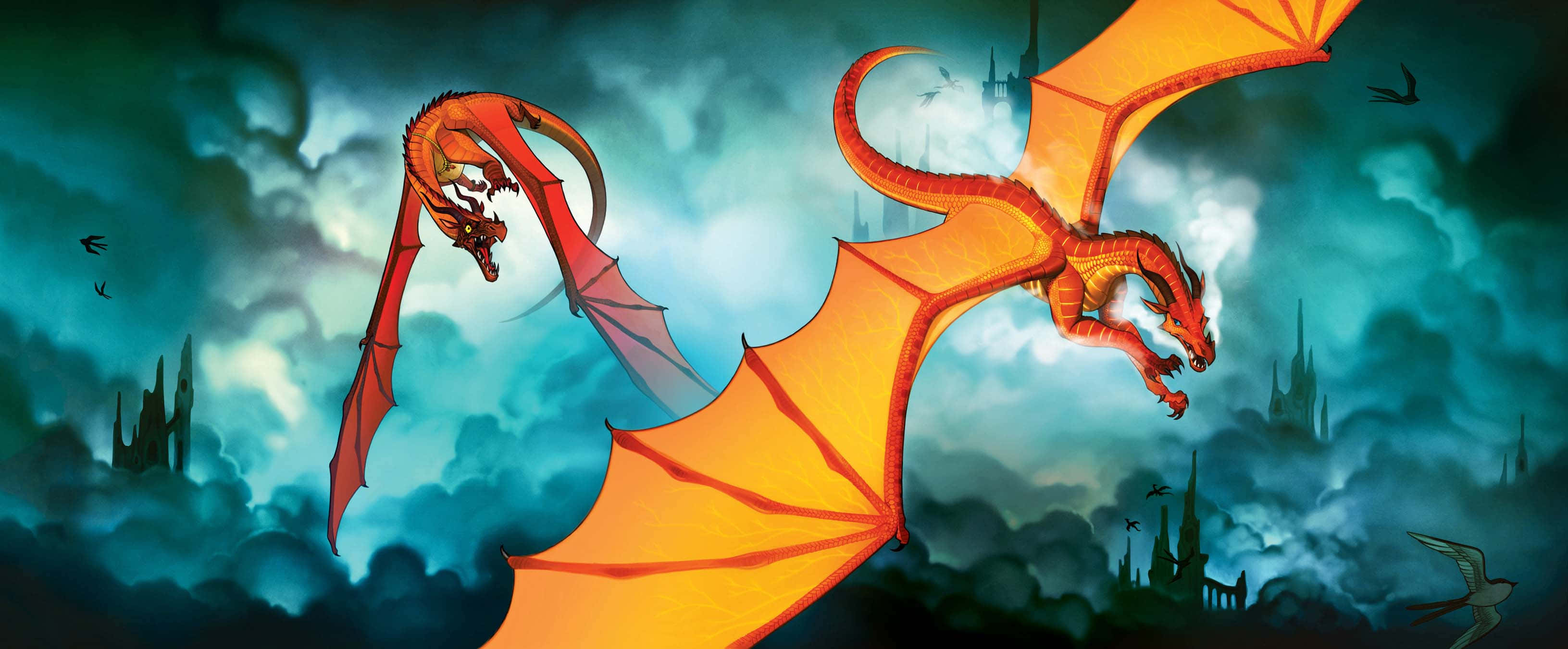 Wings Of Fire 桌布 壁紙 — 兩條火龍在風暴般的青綠色天空中翱翔，飛越哥德式城堡遺址，眼睛發光，翅膀展開。