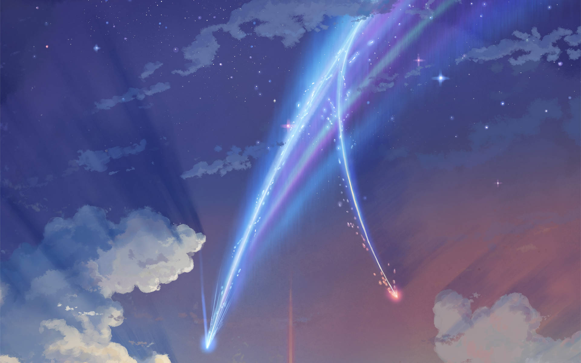 兩條發光的宇宙軌跡劃過有星星和雲朵的暮色天空。