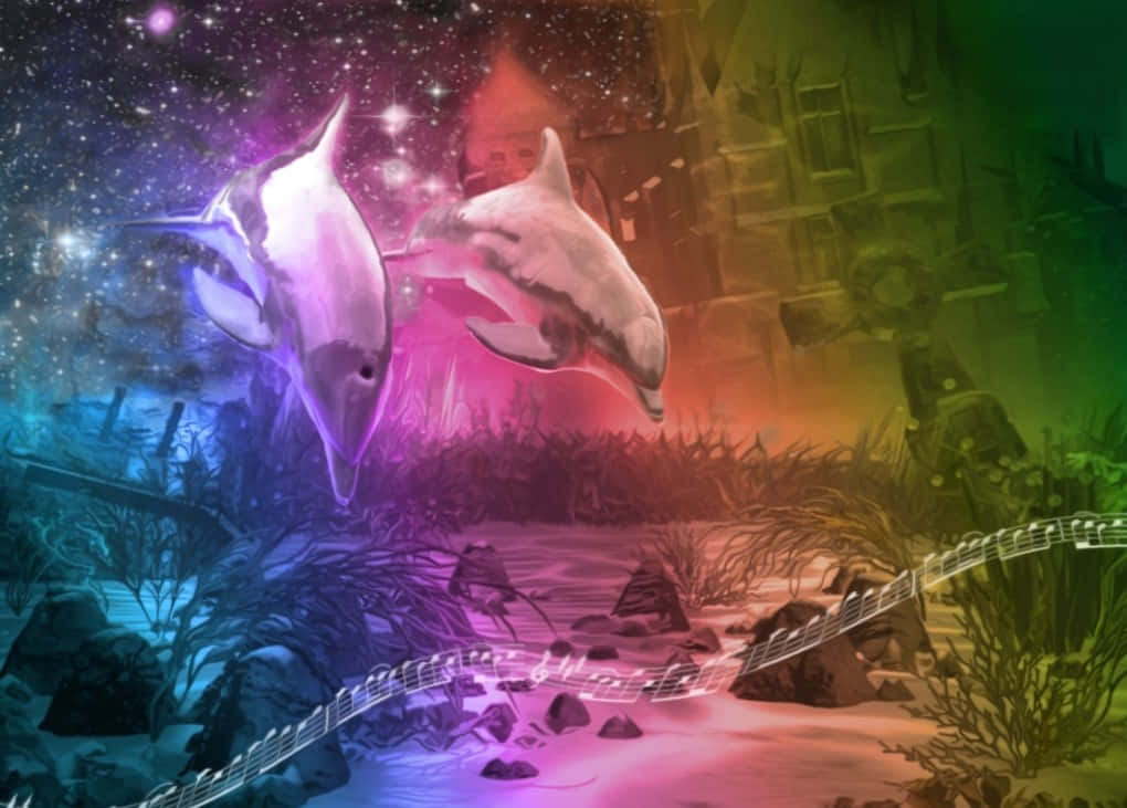 動物 桌布 壁紙 — 兩條發光的海豚跳過超現實的宇宙景觀，音符沿著彩虹色的河流流動。