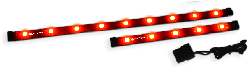 LED 桌布 壁紙 — 兩條發光的紅色LED燈條，帶有橙色蓋子和黑色連接器，在純黑色背景上。