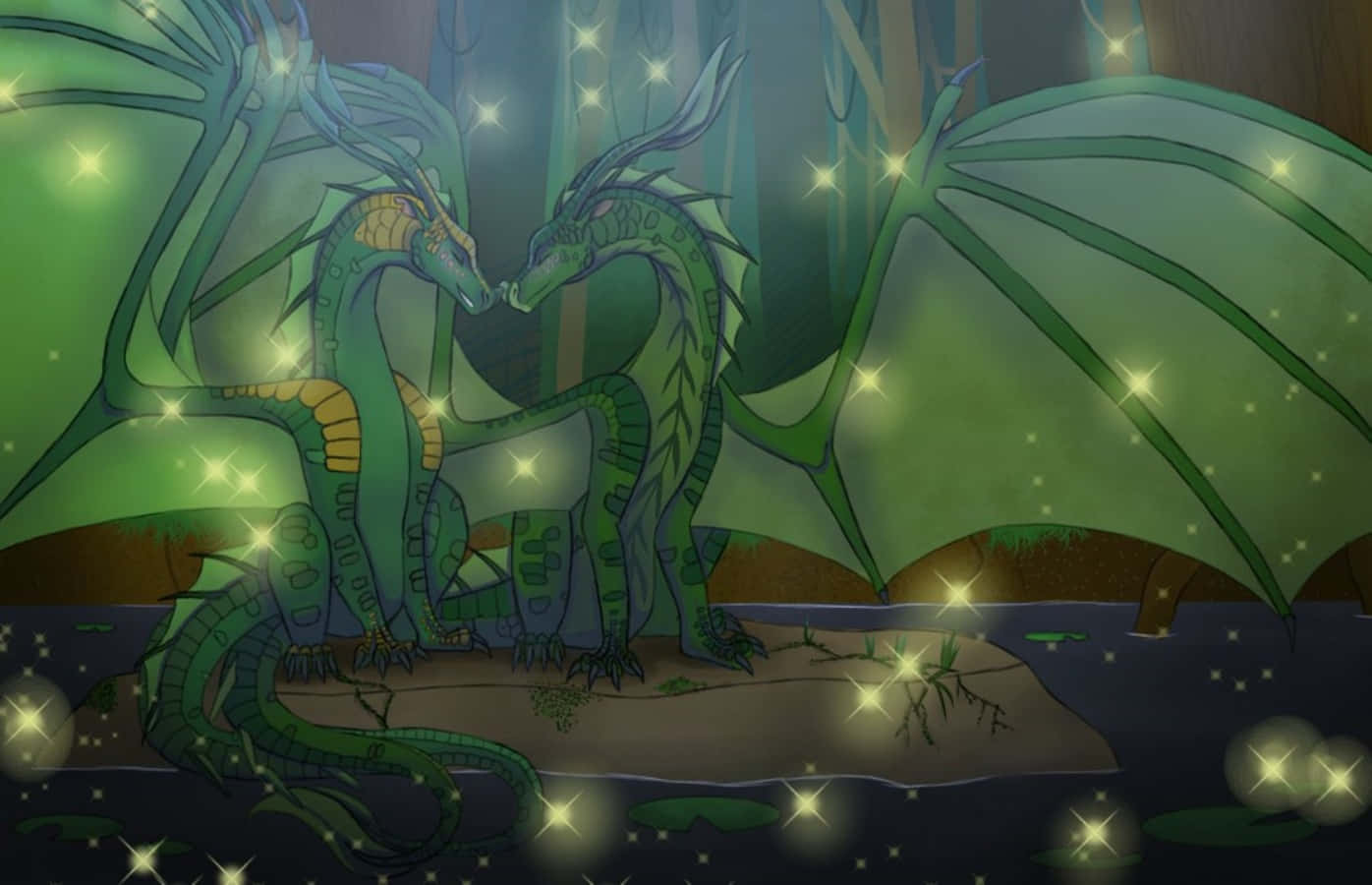 Wings Of Fire 桌布 壁紙 — 兩條發光的綠色龍在夜晚的神秘森林中，被閃爍的光芒包圍，親暱地依偎在一起。