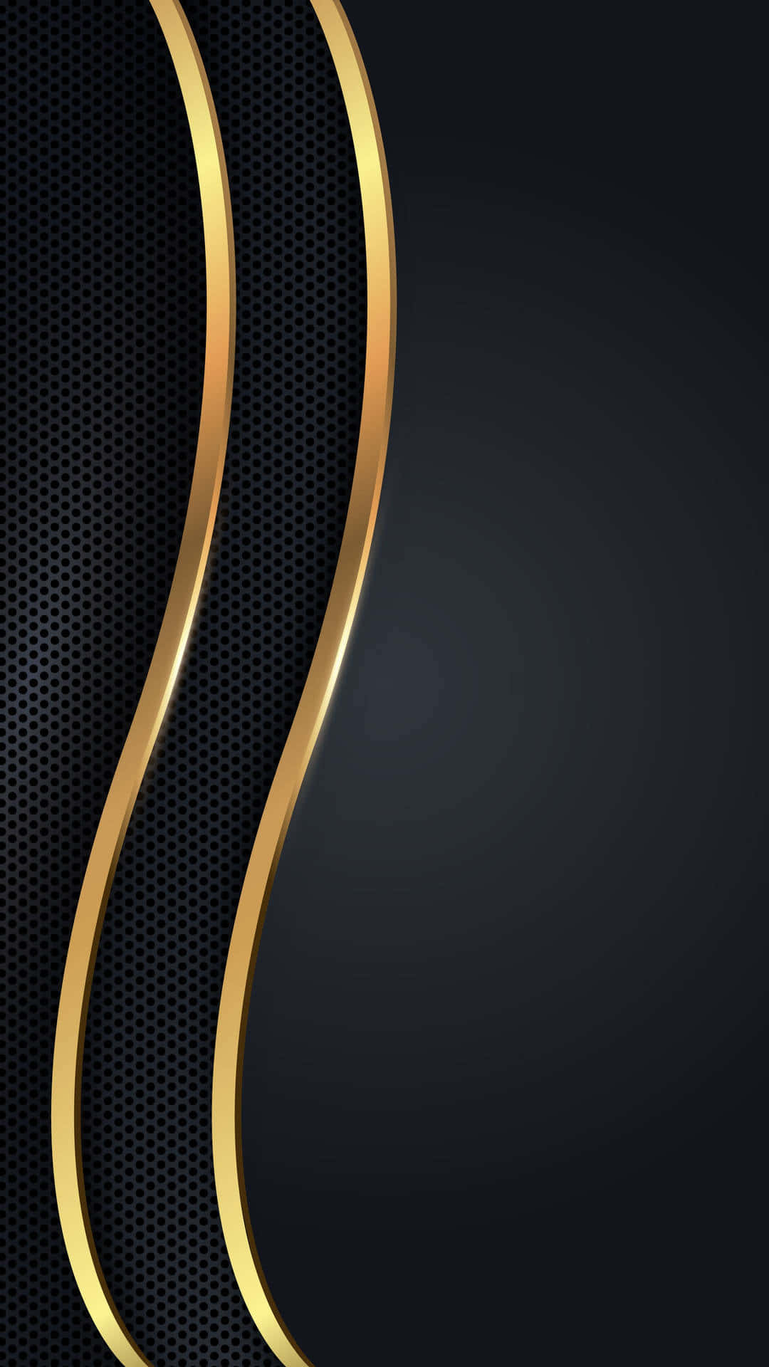 Black And Gold Aesthetic 桌布 壁紙 — 兩條發光的金色曲線優雅地流過深色穿孔黑色背景，營造出時尚現代的抽象設計。