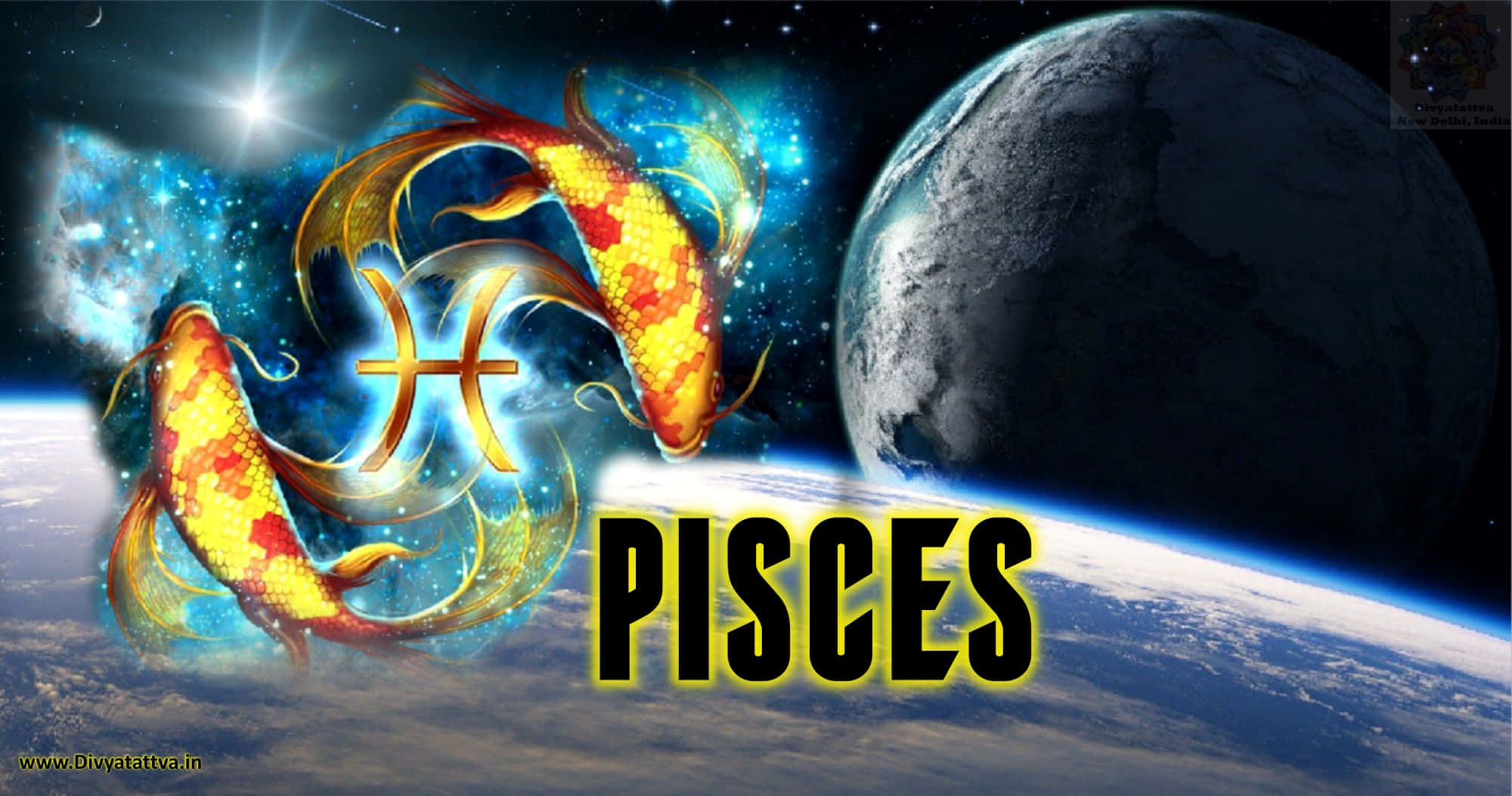 astrology 桌布 壁紙 — 兩條發光的金色魚在宇宙空間中地球旁邊游動，帶有雙魚座星座符號和粗體文字。