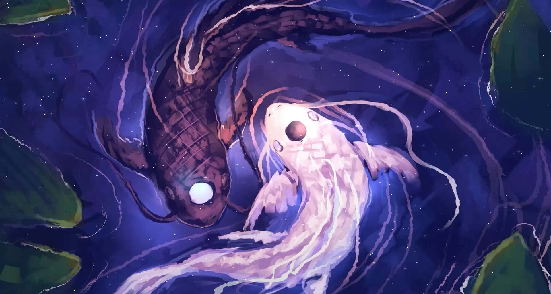 Yin Yang 4K 桌布 壁紙 — 兩條發光的錦鯉在一個佈滿星星的宇宙池塘中游動，周圍漂浮著綠色的葉子。