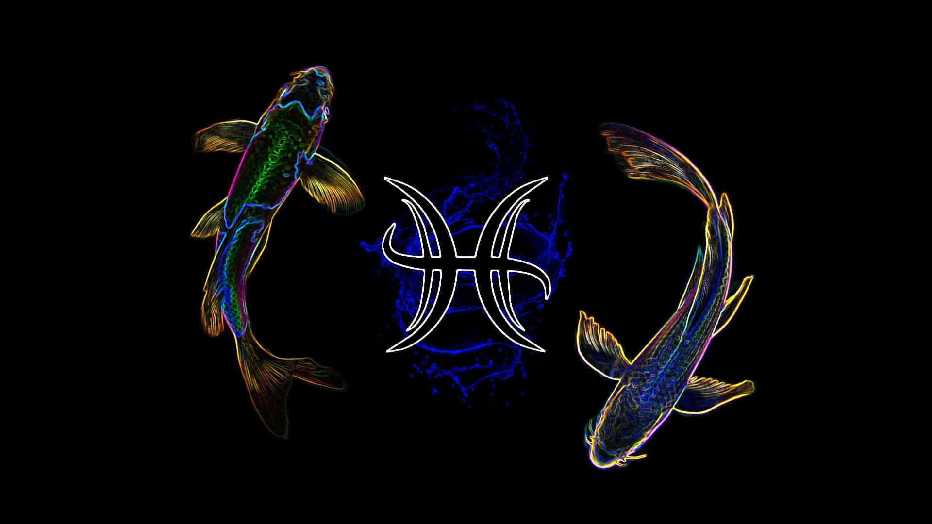 雙魚座 桌布 壁紙 — 兩條發光的錦鯉在黑色背景上對稱地游繞著一個白色的雙魚座符號，周圍有藍色能量漩渦。