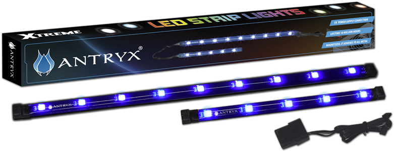 LED 桌布 壁紙 — 兩條發光藍色LED燈帶，帶黑色連接器，顯示在其品牌包裝下方，背景為深色。