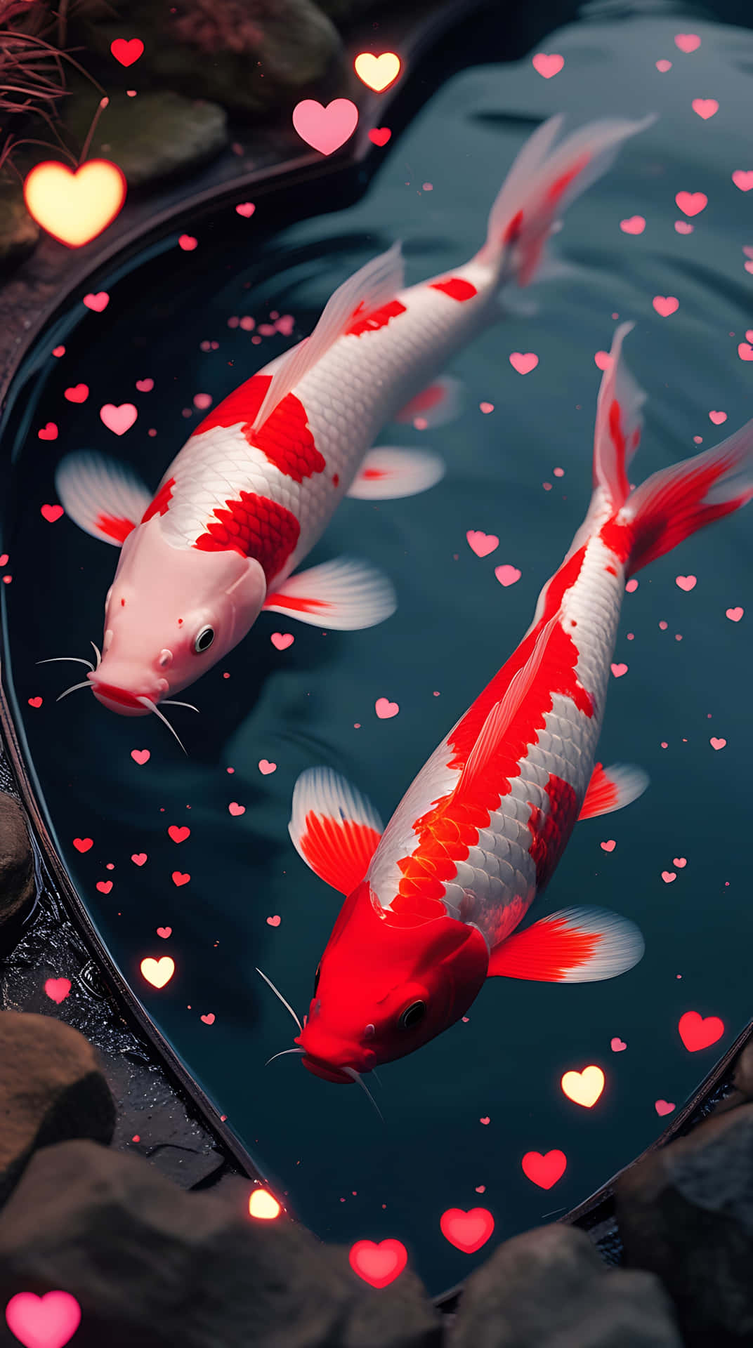 Red Kohaku Fish in Heart-Shaped Pond – Love Wallpaper for Smartphone 壁紙 — 兩條紅白錦鯉在黑暗的池塘中優雅地游動，周圍環繞著發光的粉紅色和橙色心形燈光。