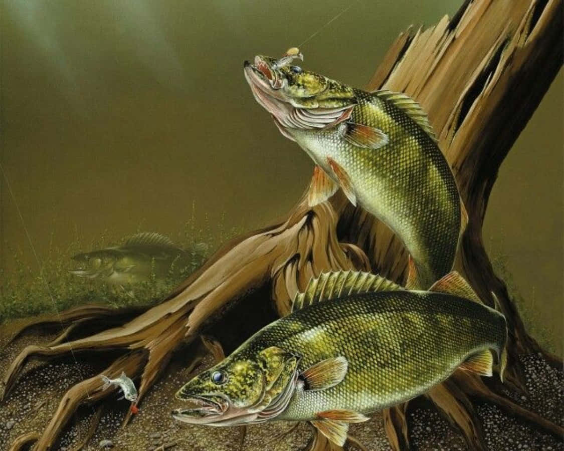 Walleye 桌布 壁紙 — 兩條細節豐富的魚在渾濁的水中靠近沉沒的木頭跳躍，其中一條咬住了誘餌。