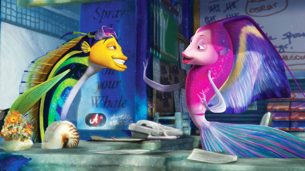 Shark Tale 桌布 壁紙 — 兩條色彩繽紛的動畫魚在一個雜亂的水下商店裡愉快地聊天，店裡充滿了貝殼和鯨魚主題的產品。
