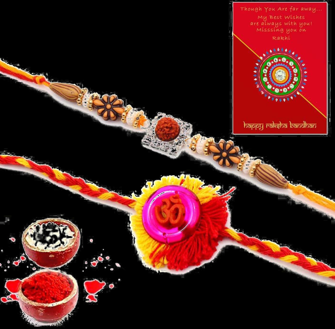 Bracelet 桌布 壁紙 — 兩條設計精緻的Rakhi手鐲，帶有彩色線條、珠子和Om符號，展示在黑色背景上，附有賀卡和紅色及黑色粉末碗。