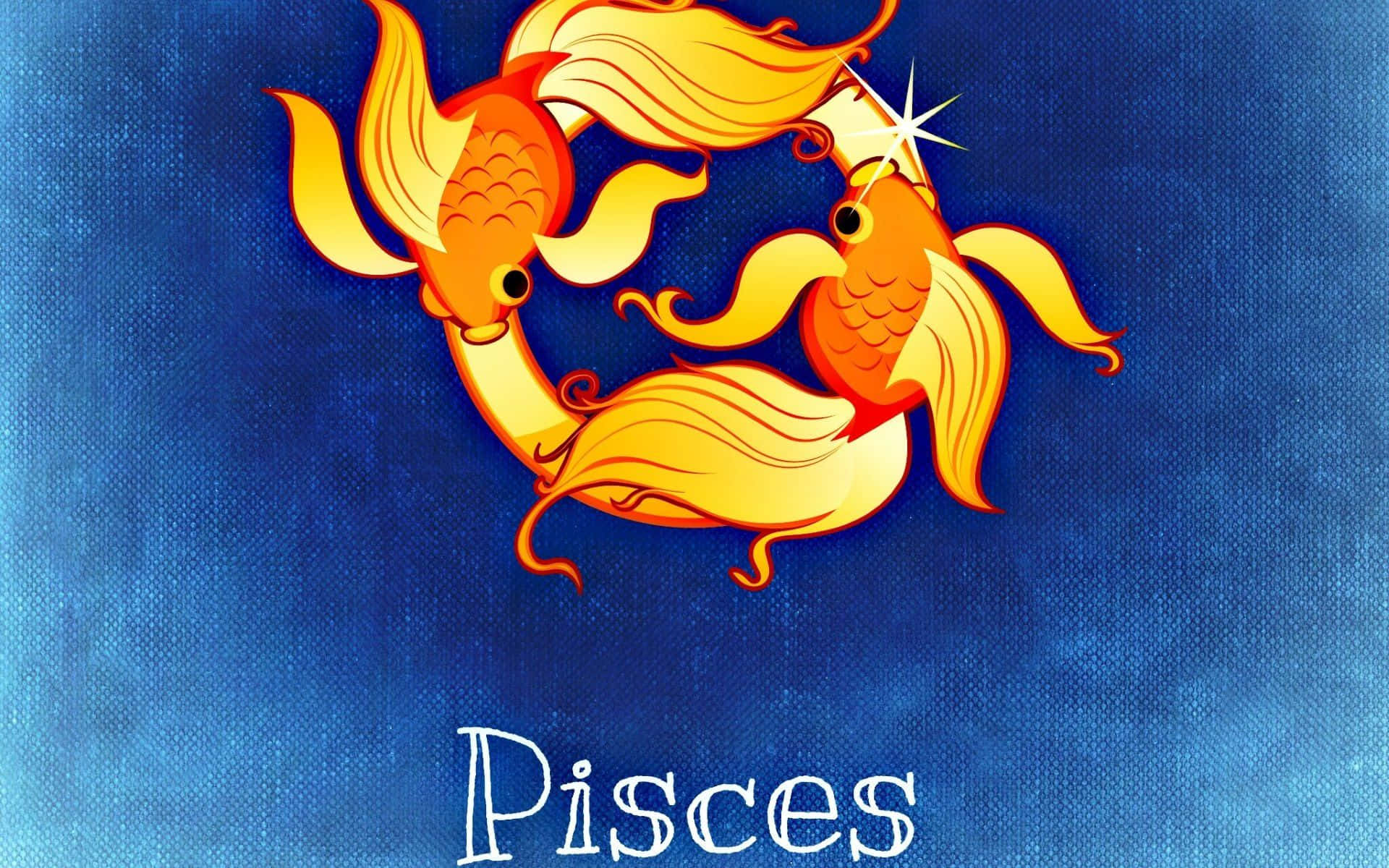 雙魚座 桌布 壁紙 — 兩條金色魚在帶紋理的藍色背景上繞圈游動，下方有Pisces字樣。