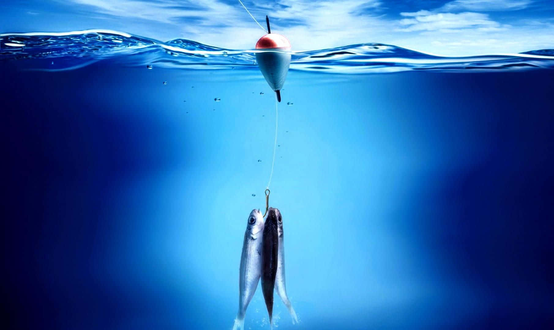 釣魚 桌布 壁紙 — 兩條銀色魚掛在鉤上，下方有一個鮮紅色和白色的浮標漂浮在深藍色的水上。