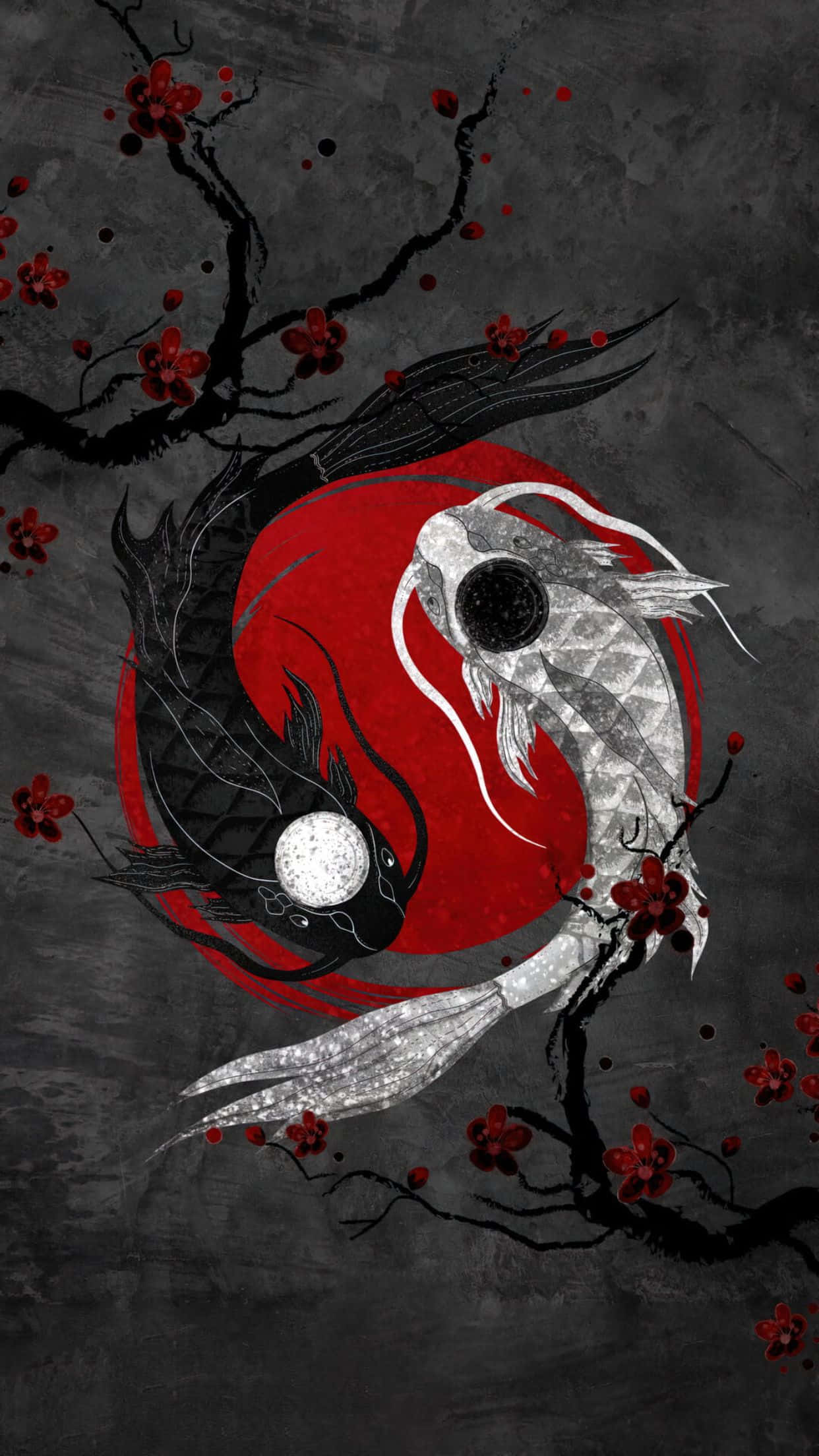 Koi Fish 桌布 壁紙 — 兩條錦鯉以陰陽和諧圍繞紅日游動，背景為深灰色並有紅色花朵。