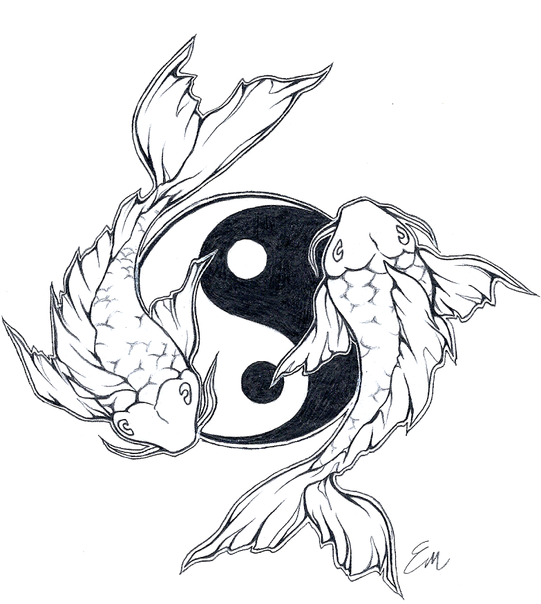 koi 桌布 壁紙 — 兩條錦鯉圍繞陰陽符號向相反方向游動，呈現鮮明的黑白線條畫。