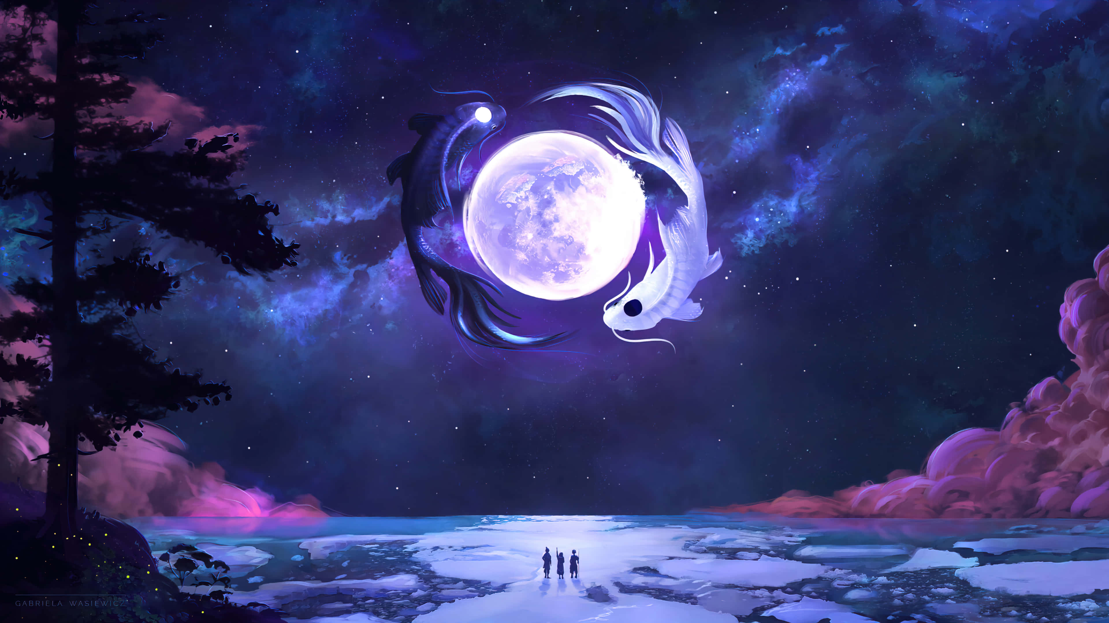 Cool Moon 桌布 壁紙 — 兩條陰陽魚在繁星點點的紫色天空下，在冰凍的湖面上圍繞著發光的月亮游動。