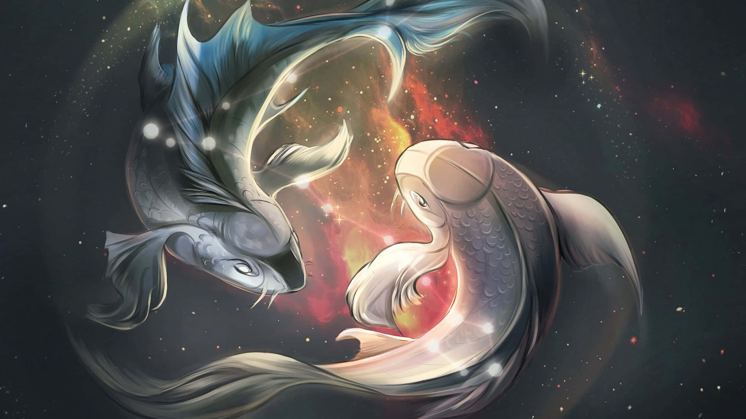 Zodiac Sign 桌布 壁紙 — 兩條雄偉的錦鯉在宇宙和諧中游動，背景是充滿旋轉星星和發光粒子的 vibrant 星雲。