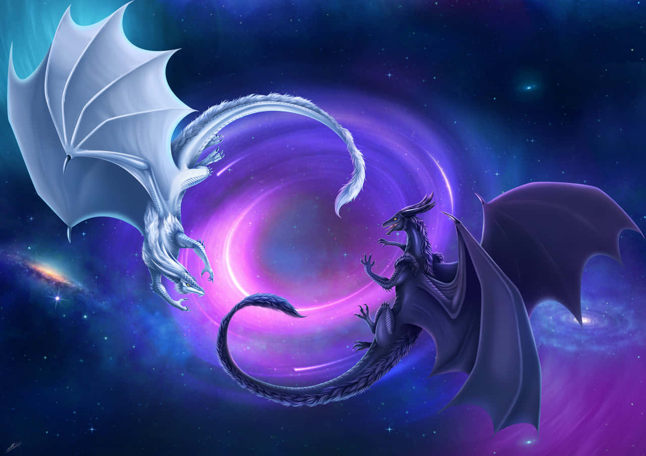 Mystical Dragon 桌布 壁紙 — 兩條雄偉的龍，一條白色一條黑色，在紫色和藍色星星的宇宙漩渦中對峙。