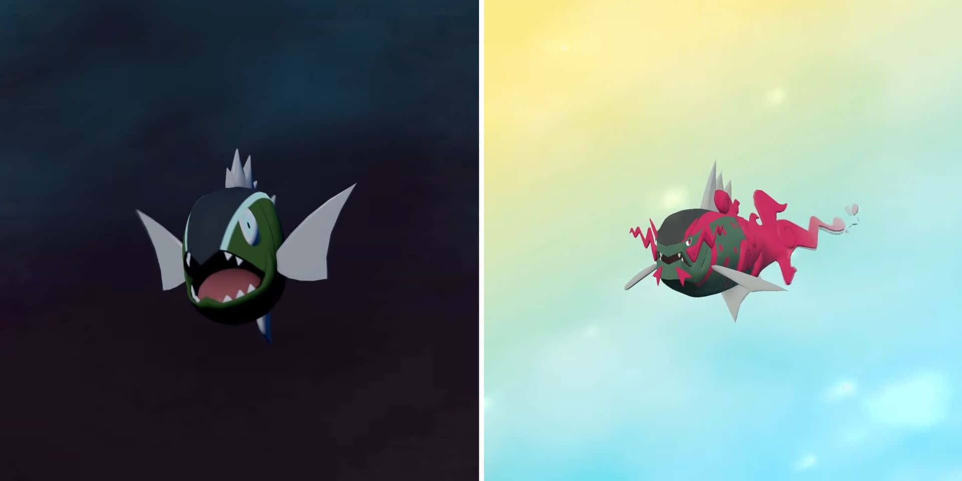 電玩遊戲 桌布 壁紙 — 兩條風格化的卡通魚，擁有鋒利的牙齒和魚鰭，在對比的深色和明亮漸變背景中並排游動。
