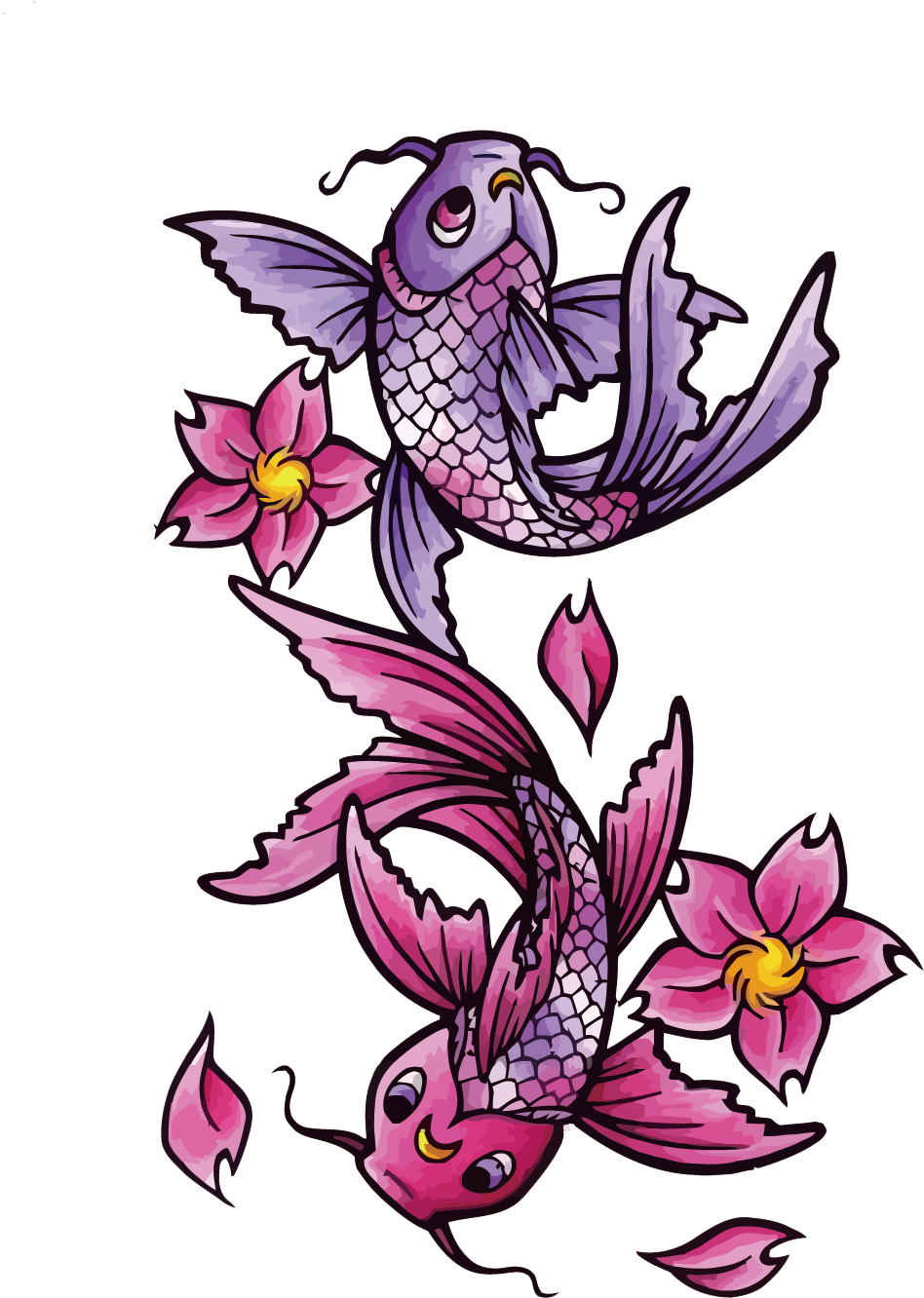 koi 桌布 壁紙 — 兩條風格化的紫色和粉紅色錦鯉在黑色背景上盛開的粉紅色花朵中優雅地游動。