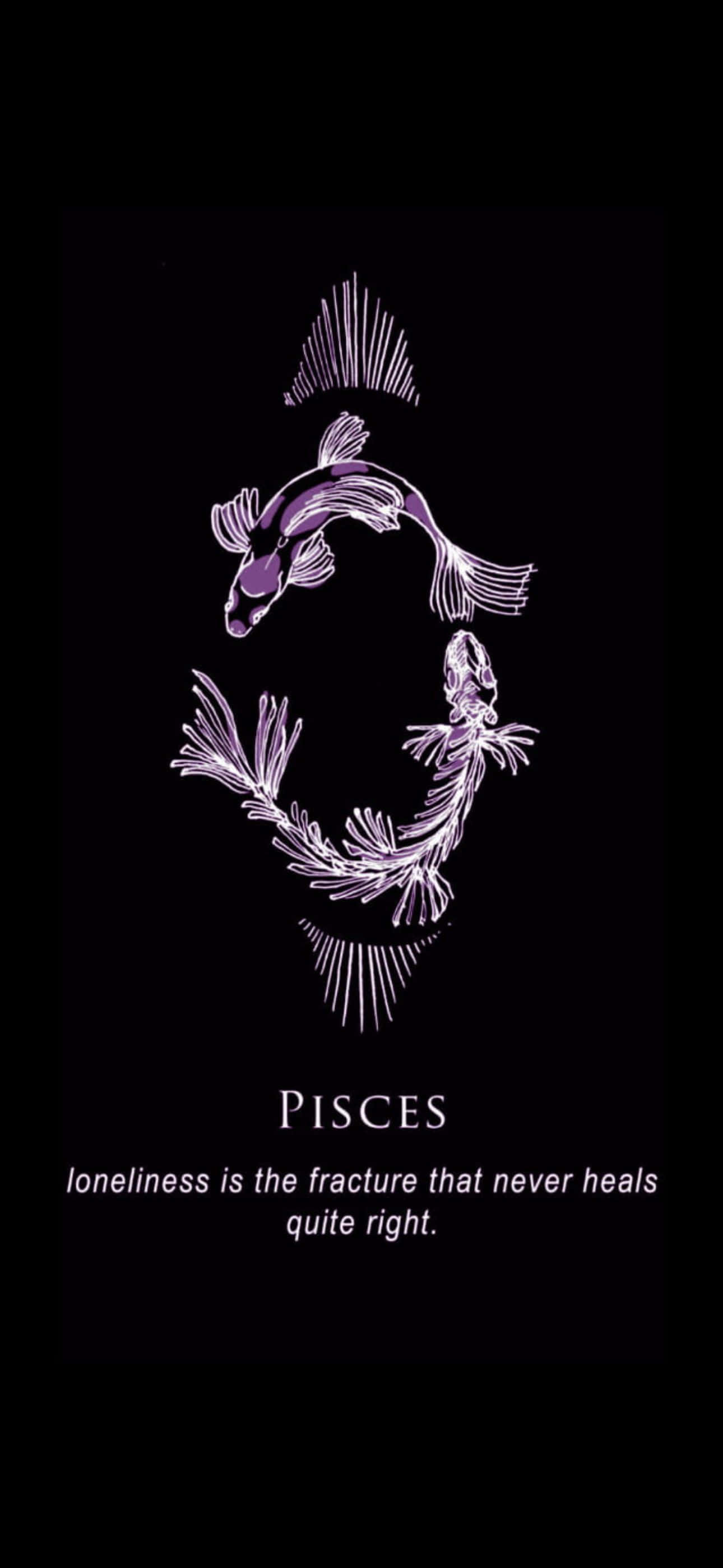 1290x2796 桌布 壁紙 — 兩條風格化的紫色魚在深色背景上形成雙魚座星座符號，下方有詩意文字。