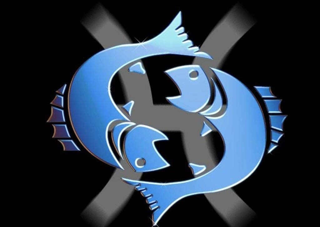 雙魚座 桌布 壁紙 — 兩條風格化的藍色魚向相反方向游動，在黑色背景上形成對稱的陰陽符號，帶有發光高光。