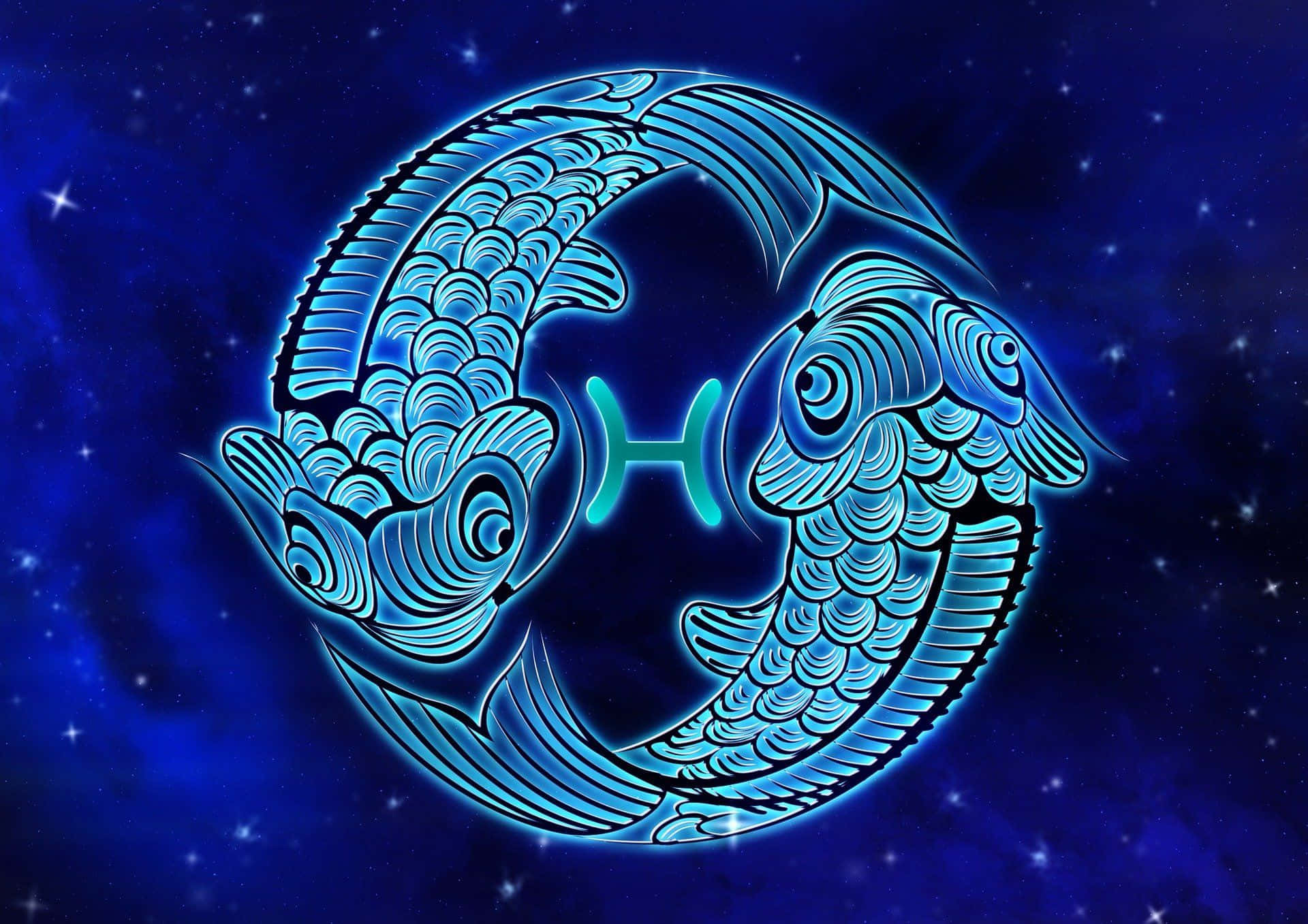 雙魚座 桌布 壁紙 — 兩條風格化的藍色魚在星空宇宙背景下向相反方向游動。