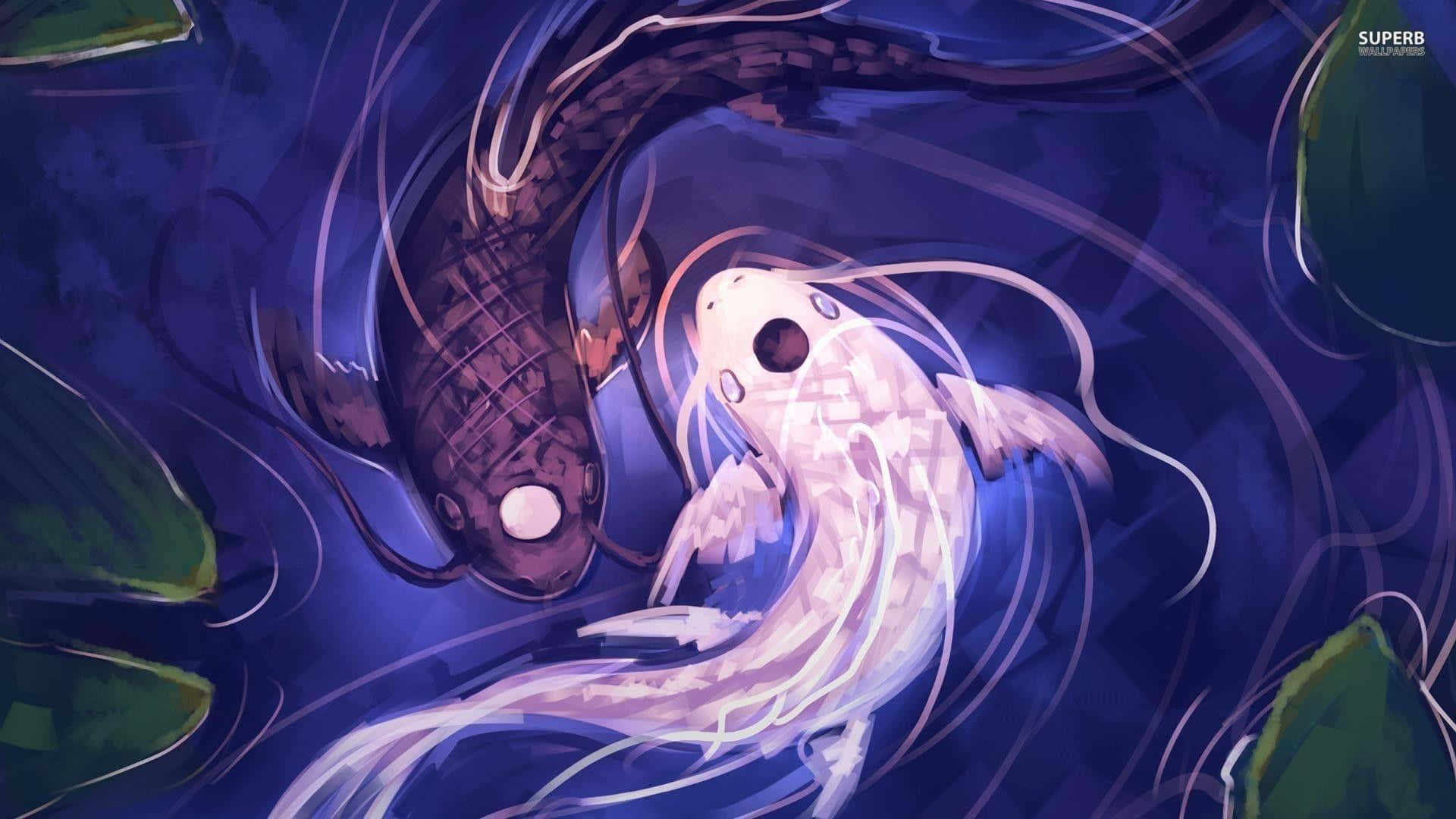Koi Fish 桌布 壁紙 — 兩條風格化的錦鯉——一條深色一條淺色——在一個帶有綠色荷葉的旋轉藍色池塘中游動。