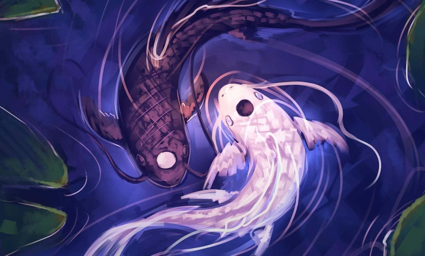 Koi Fish 桌布 壁紙 — 兩條風格化的錦鯉——一條深色一條淺色——在深藍色燈光下於漩渦水中優雅游動。
