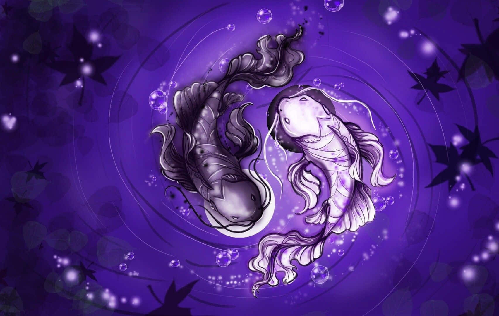 Yin Yang Fish 桌布 壁紙 — 兩條風格化的錦鯉以陰陽形態在深紫色背景中游動，伴有發光的泡泡和楓葉。