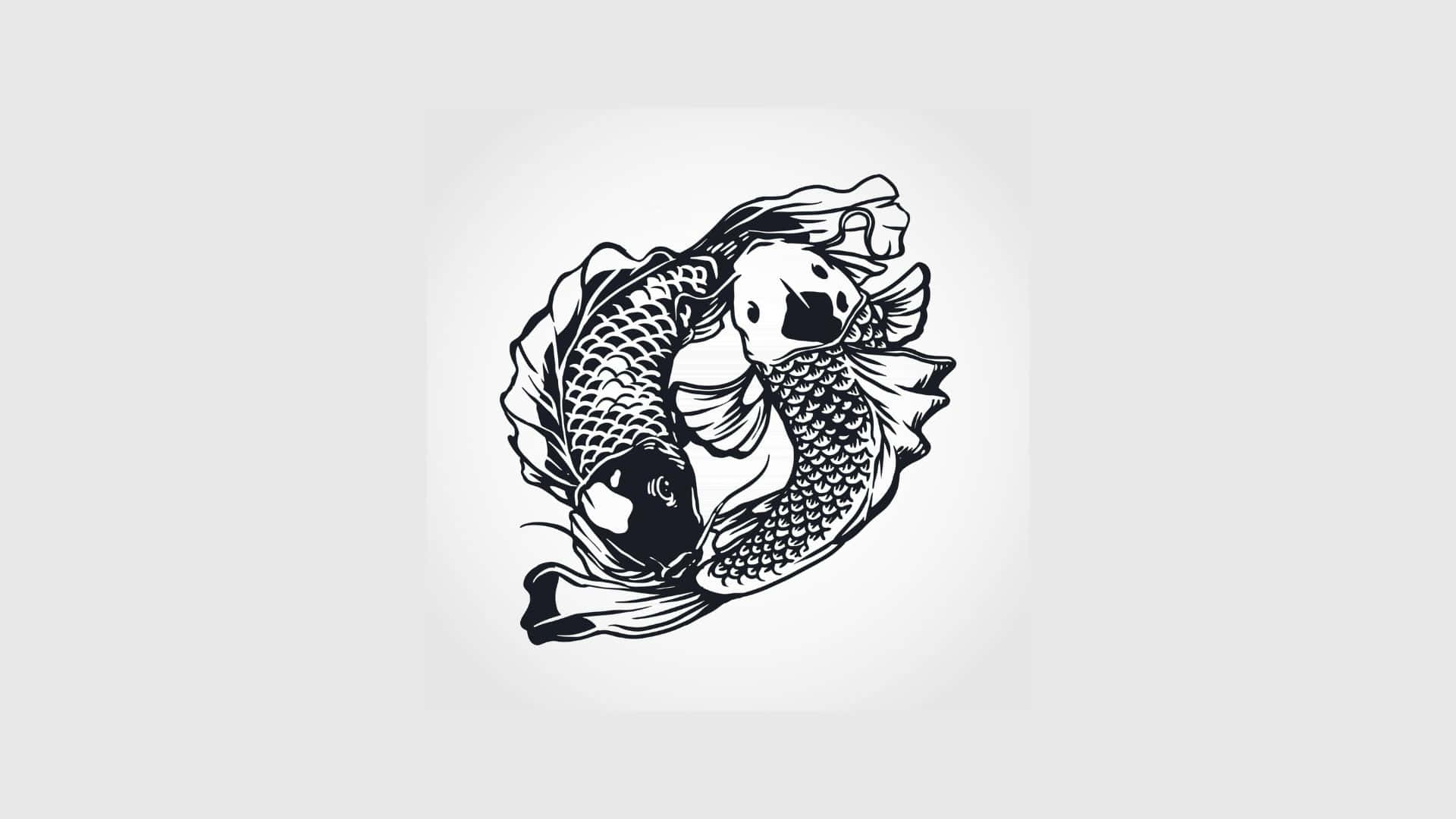 Yin Yang Fish 桌布 壁紙 — 兩條風格化的錦鯉在圓形擁抱中游動，帶有流動的鰭和詳細的鱗片，黑白配色。