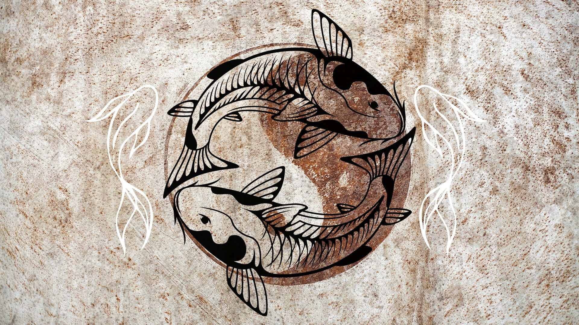 Yin Yang Fish 桌布 壁紙 — 兩條風格化的錦鯉在圓形陰陽符號內向相反方向游動，背景為有紋理的棕色和米色。
